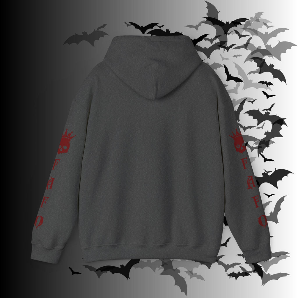 I Identify As a Threat Hoodie — Gothic Skull Sleeve Print Fuck Around Find Out