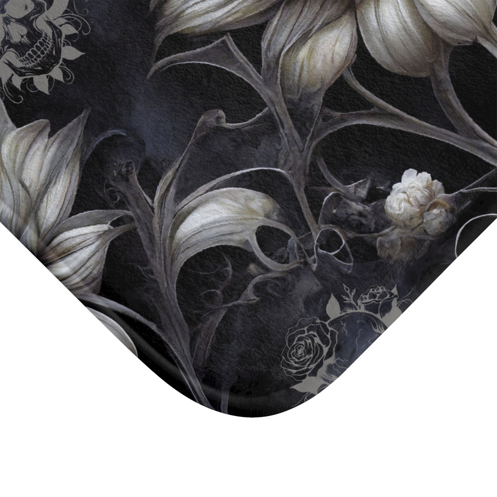 Gothic Botanical Skull Bath Mat — Dark Floral Black Bathroom Decor