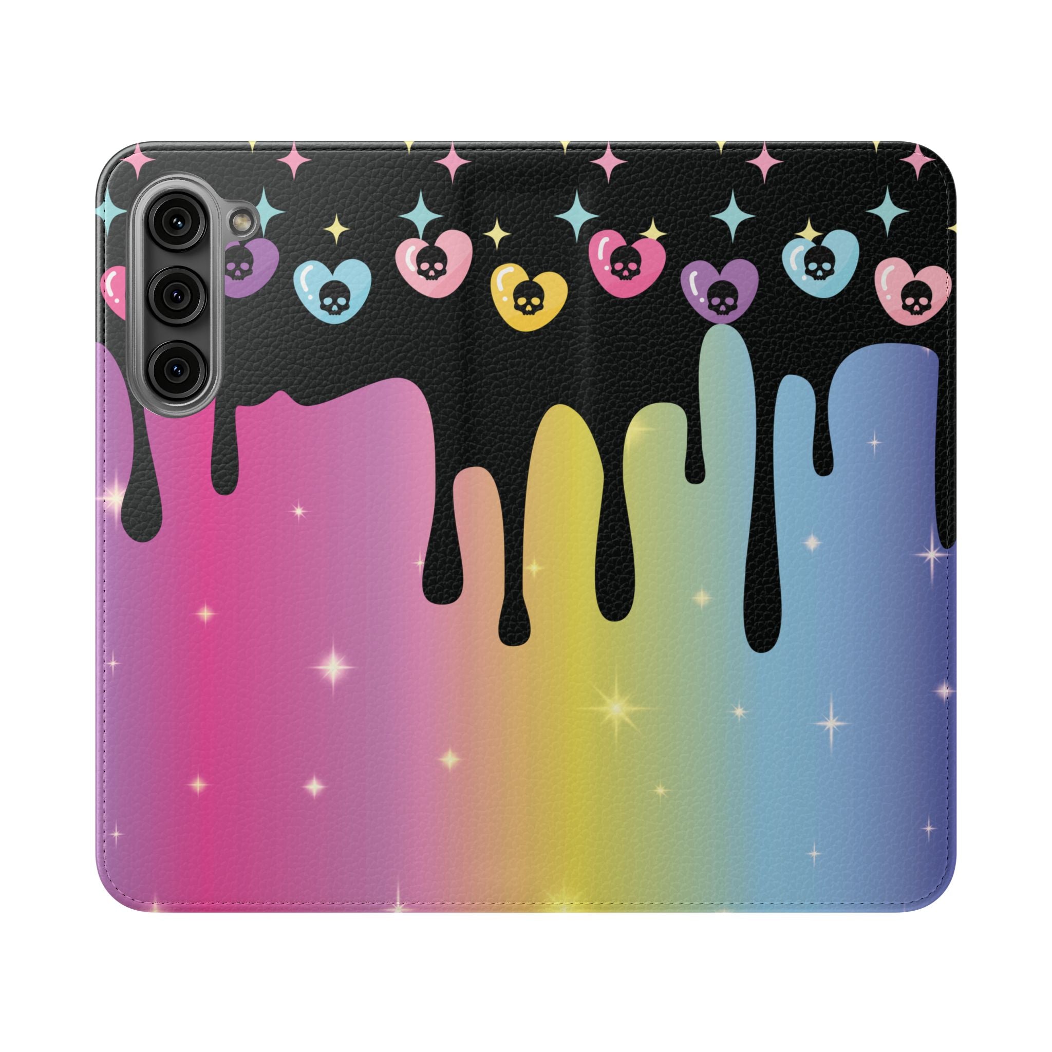 Pastel Goth Drippy Rainbow Skulls Flip Wallet Phone Case - Wallet Case for Samsung and iPhone - Gothic Style Wallet Phone Cases