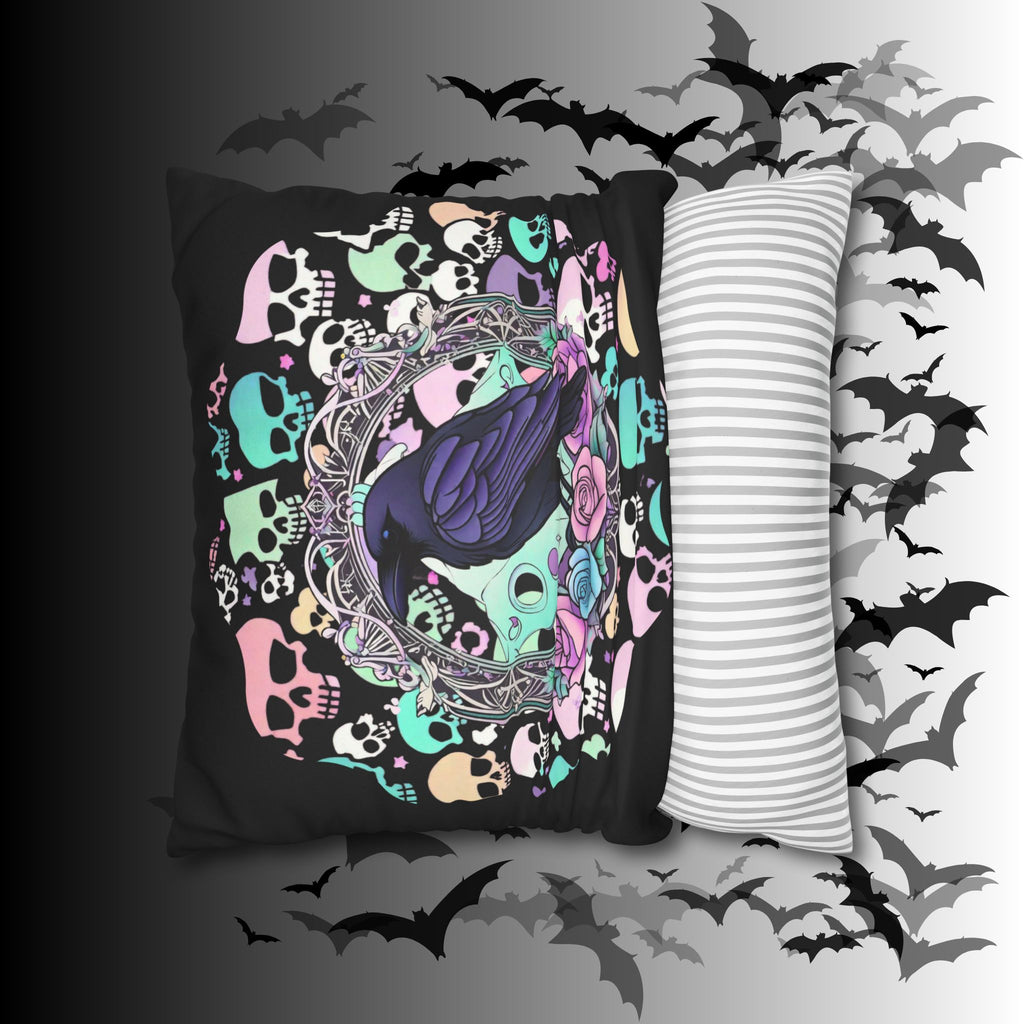Pastel Goth Raven Skull Throw Pillow — Dark Floral Gothic Home Decor