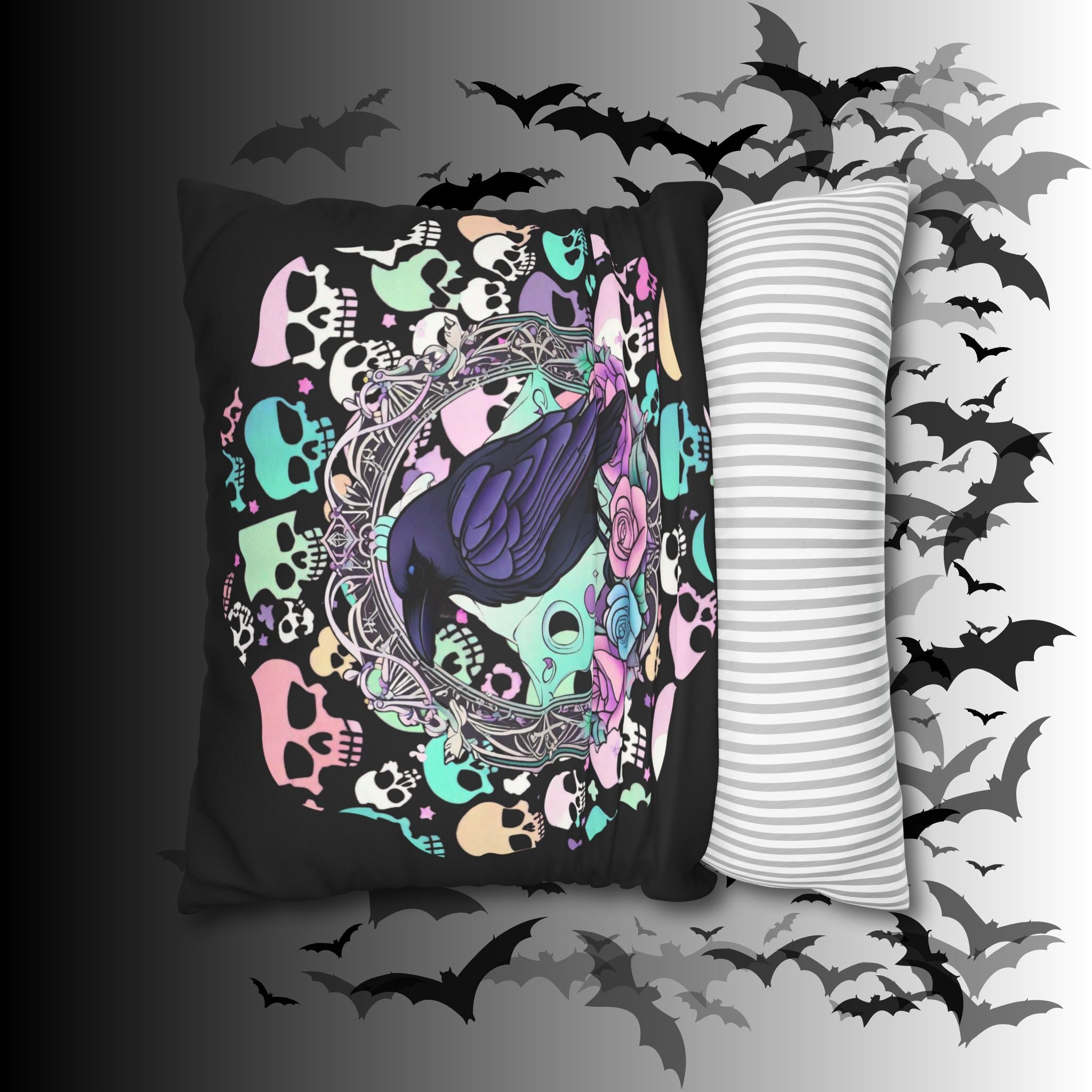 Pastel Goth Raven Skull Throw Pillow — Dark Floral Gothic Home Decor