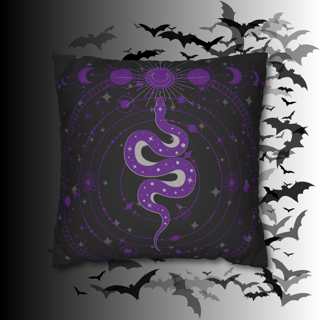 Purple Celestial Snake Moon Phases Throw Pillow — Witchy Gothic Dark Home Decor
