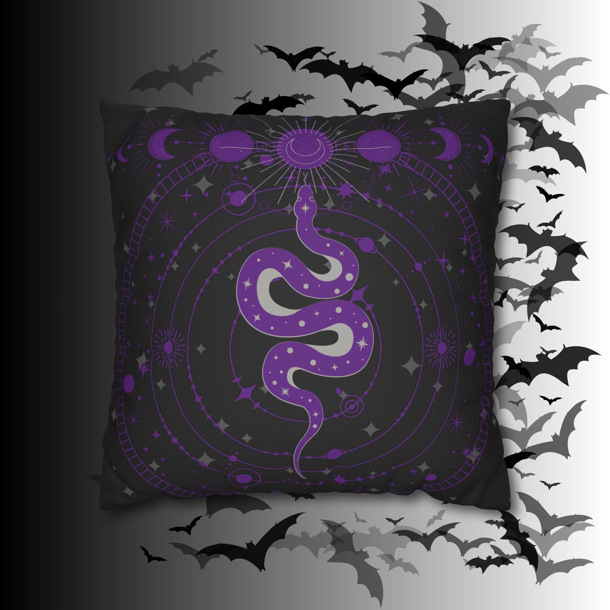 Purple Celestial Snake Moon Phases Throw Pillow — Witchy Gothic Dark Home Decor