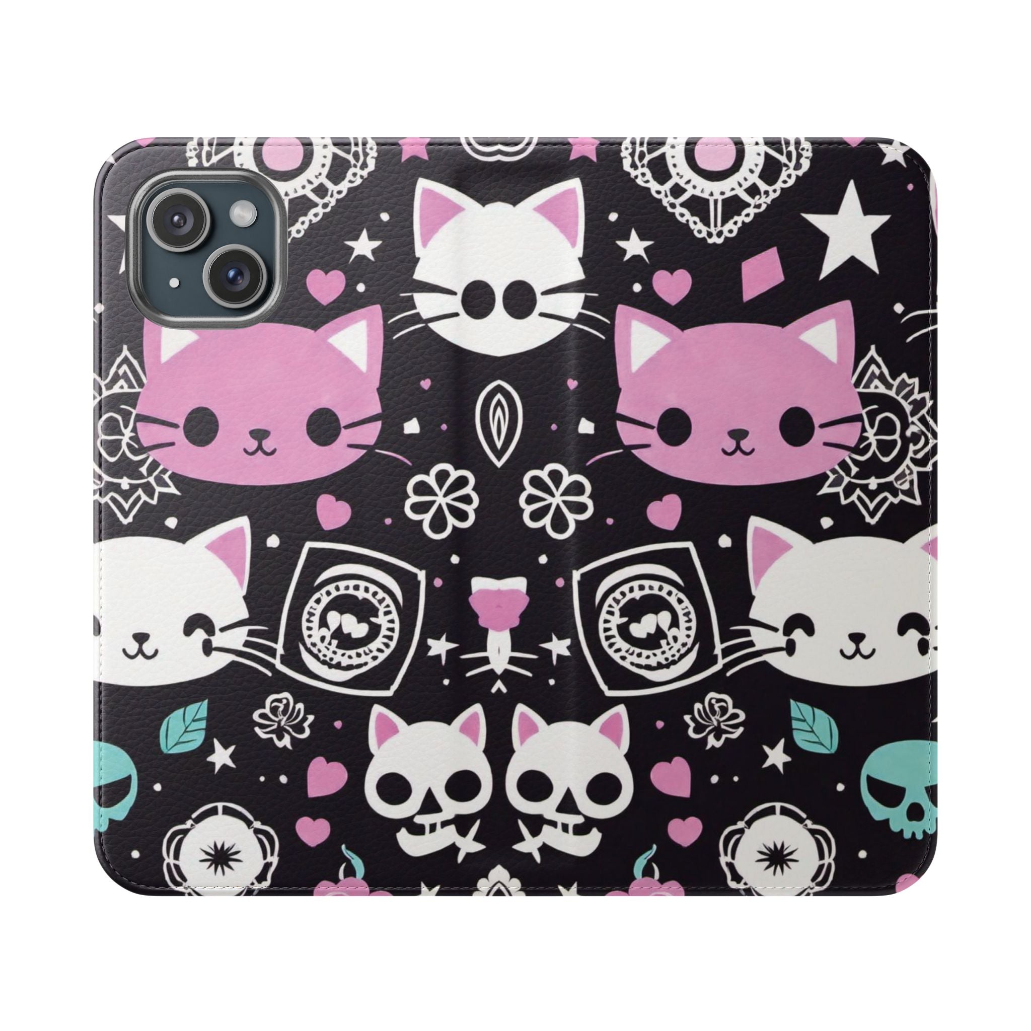 Pastel Goth Cat Flip Wallet Phone Case - Goth Cat Wallet Case for Samsung iPhone - Gothic Style Cats Wallet Phone Cases