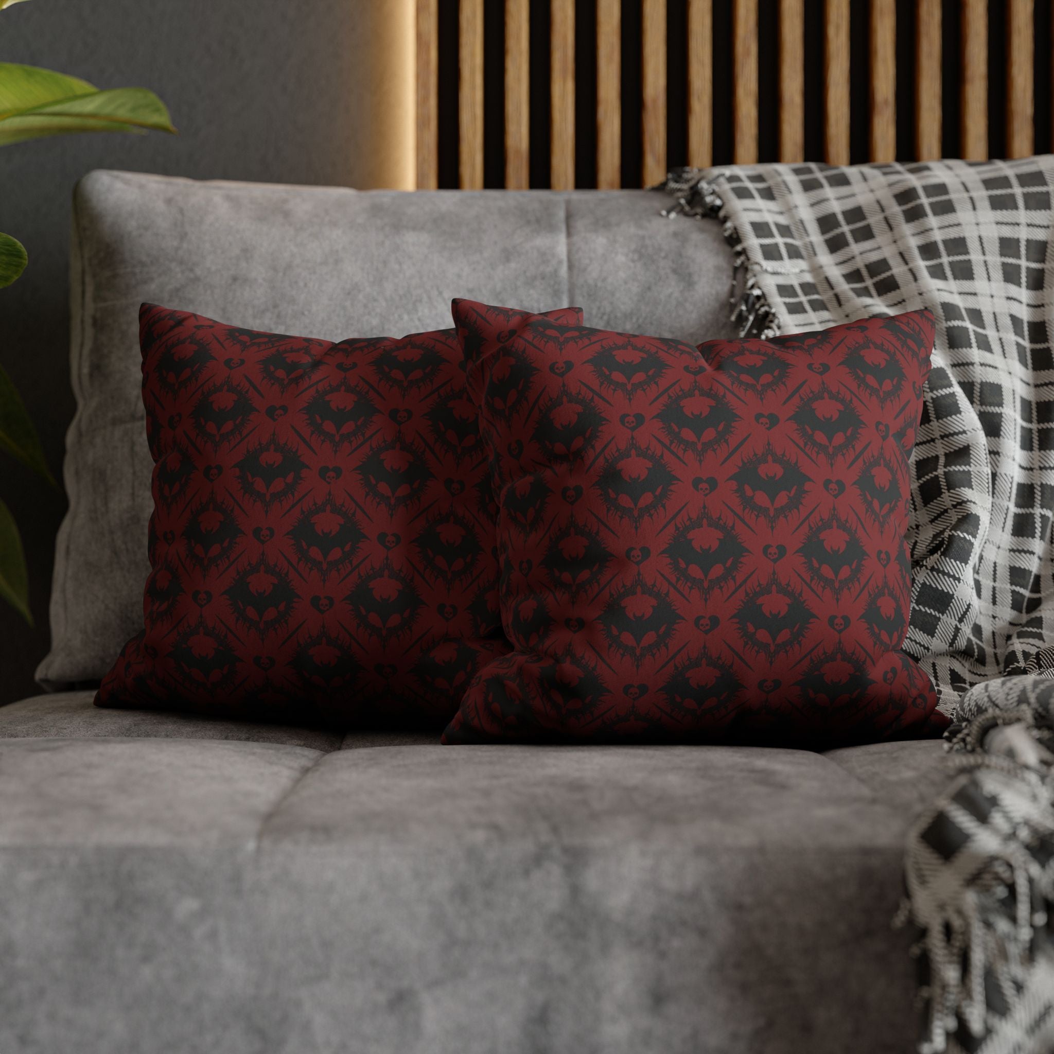 Gothic Bat Diamond Pattern Throw Pillow — Dark Red Damask Home Decor