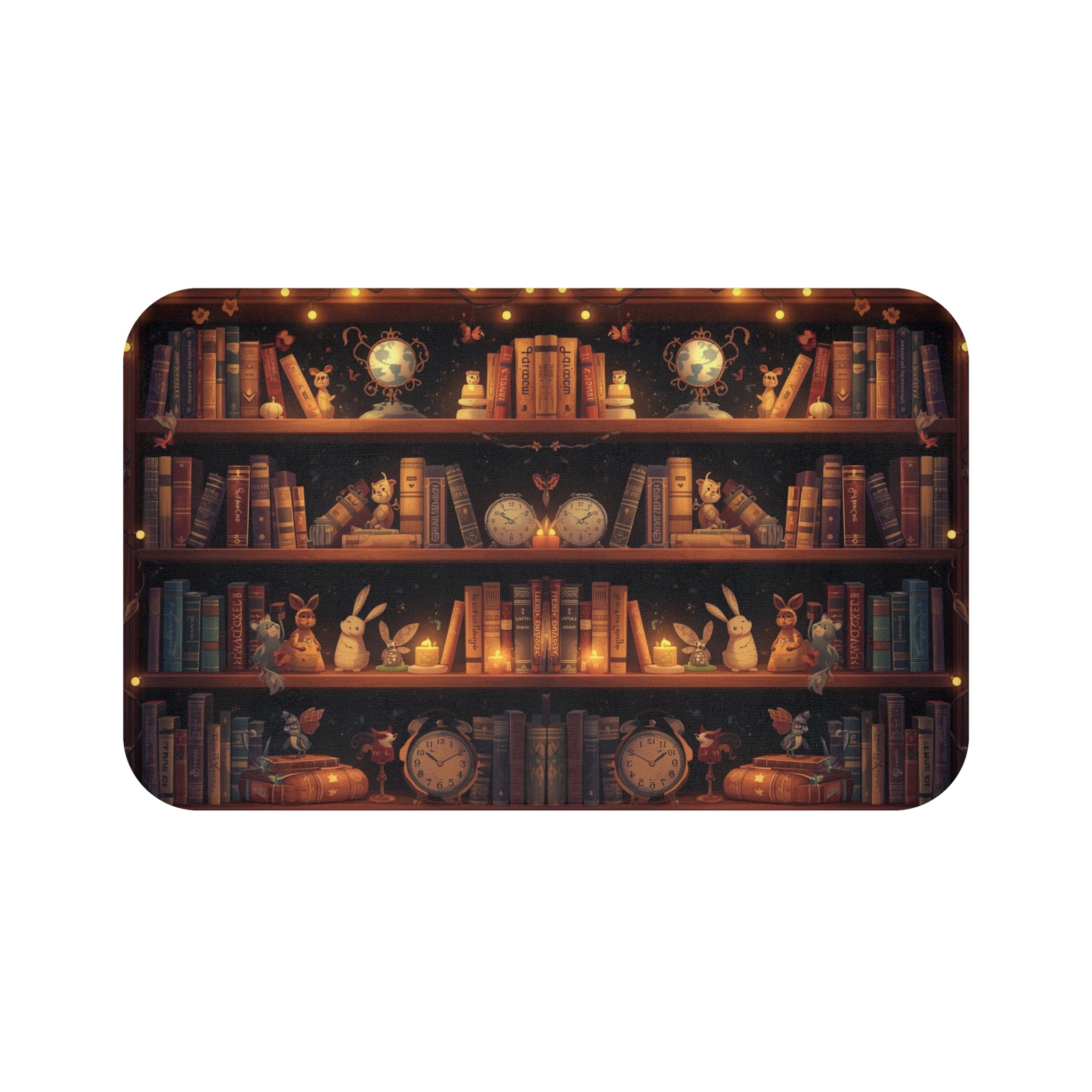 Whimsical Rabbit Bookcase Bath Mat — Cozy Fantasy Book Lover Bathroom Decor