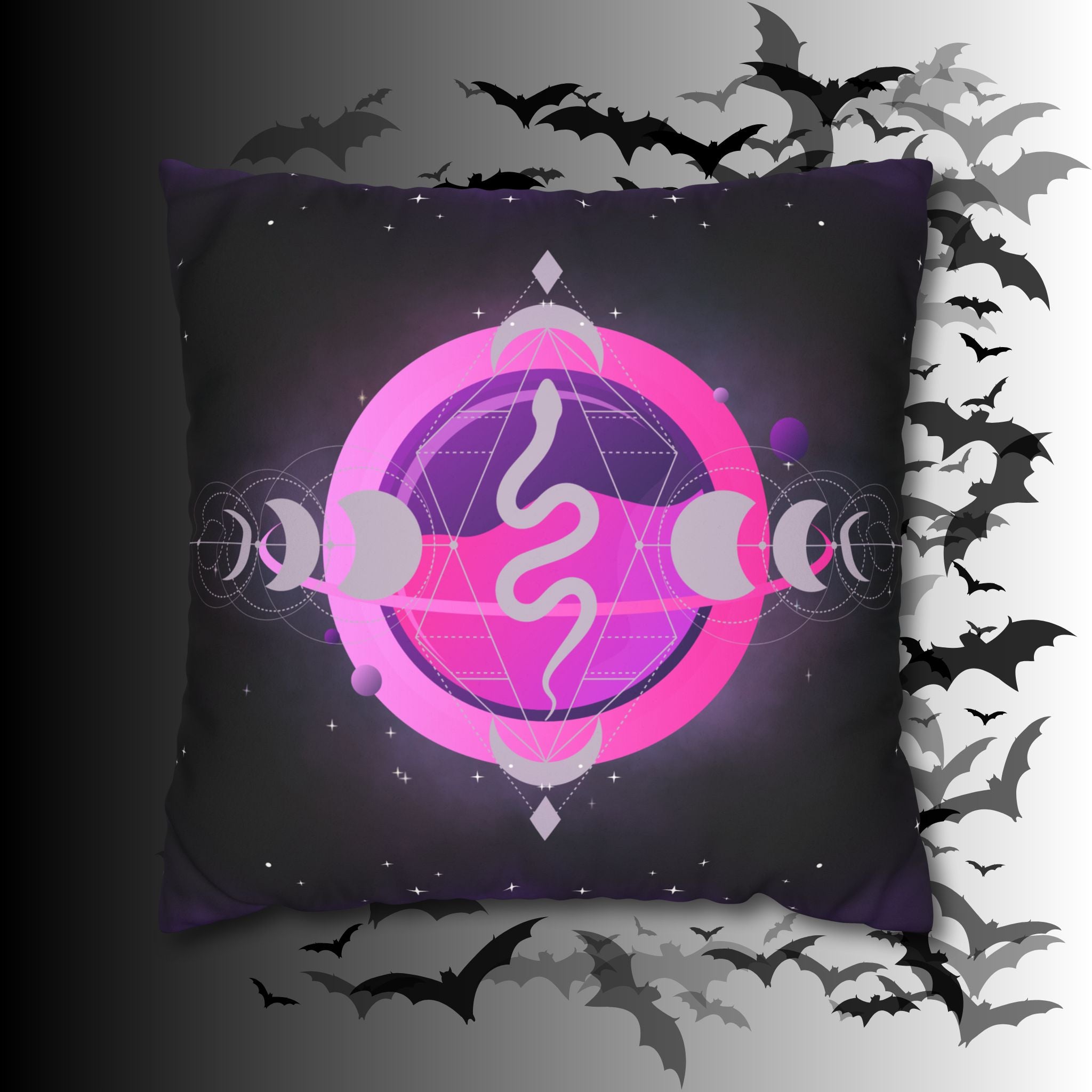 Pastel Goth Celestial Snake Moon Phases Throw Pillow — Witchy Dark Home Decor