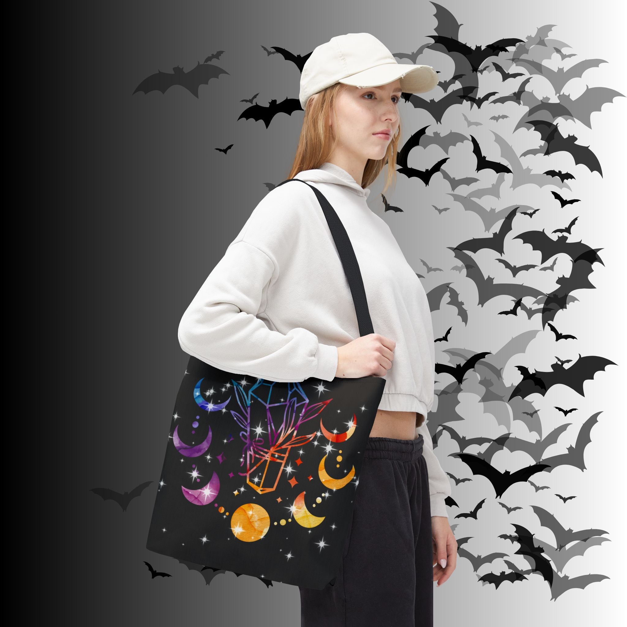 Rainbow Crystal Moon Phase Tote Bag — Celestial Witchy Print