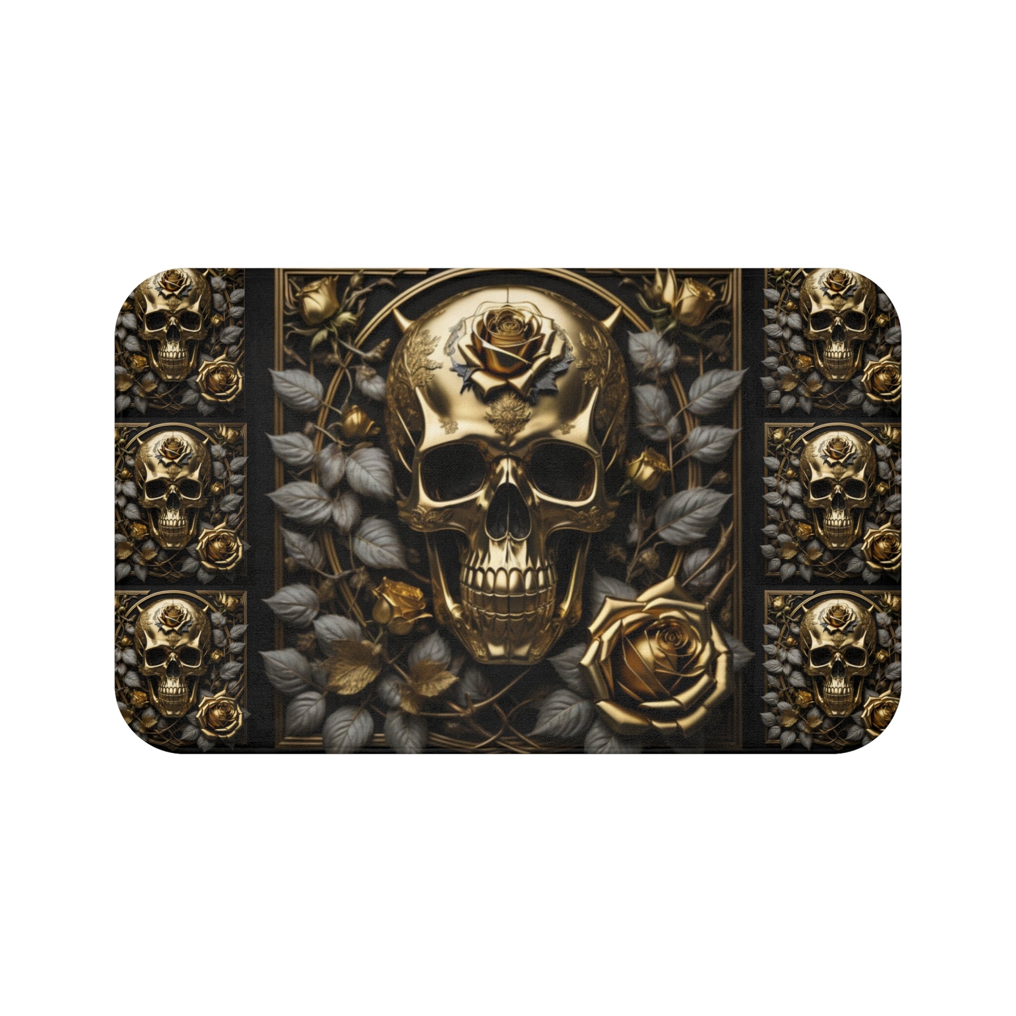 Gothic Black & Gold Skull Rose Bath Mat — Gothic Glam Bathroom Decor