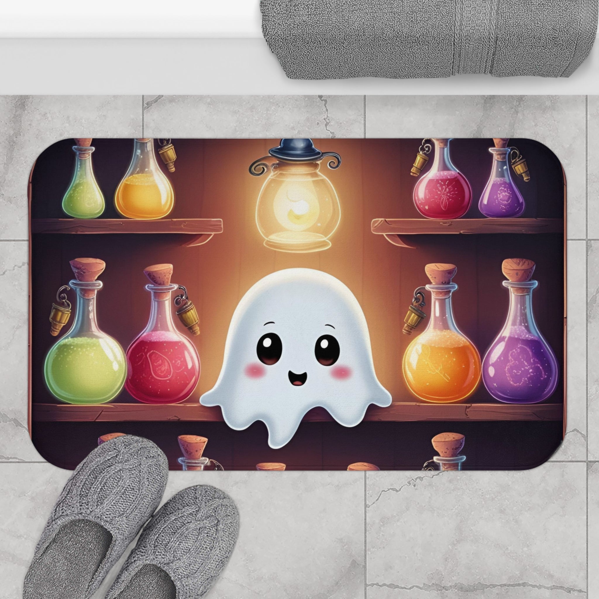 Whimsigoth bath mat with a kawaii ghost surrounded by colorful glowing potion bottles on apothecary shelves with a small ornate lantern above in warm amber light displayed on marble tile flooring