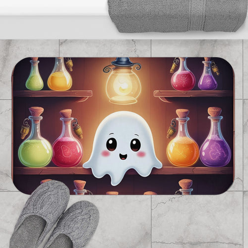 Whimsigoth bath mat with a kawaii ghost surrounded by colorful glowing potion bottles on apothecary shelves with a small ornate lantern above in warm amber light displayed on marble tile flooring