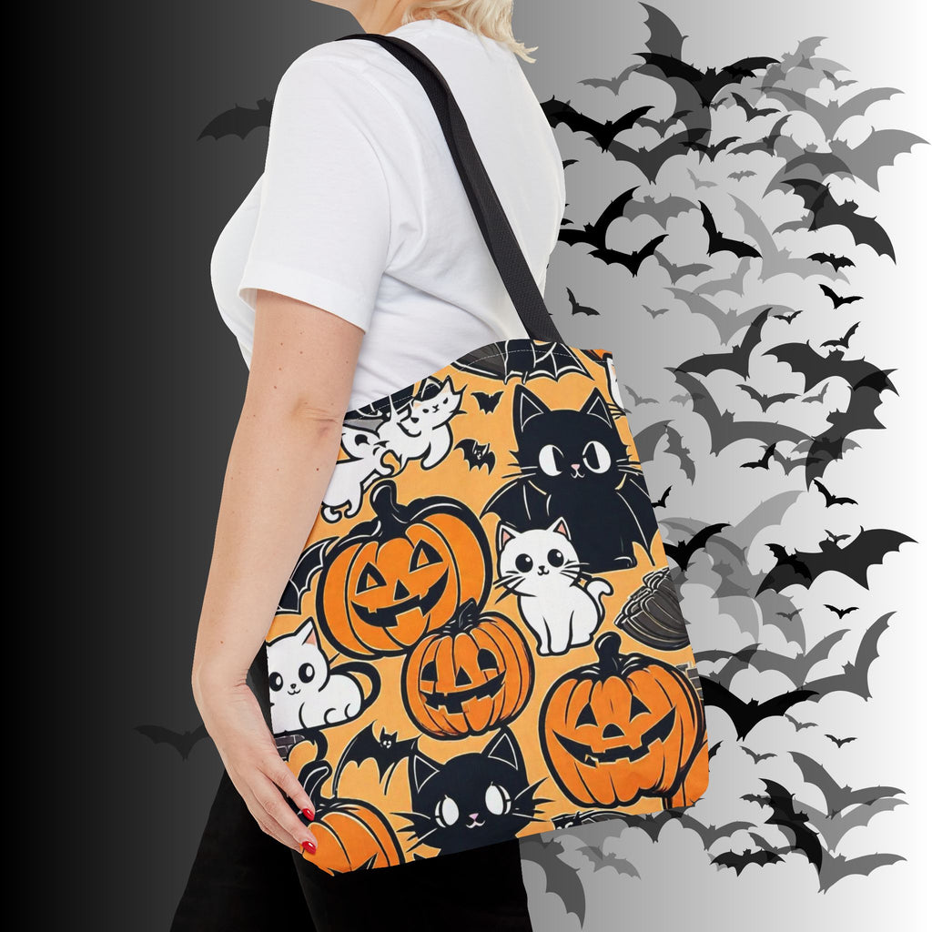 Kawaii Halloween Cat & Pumpkin Tote Bag — Spooky Cute Pattern