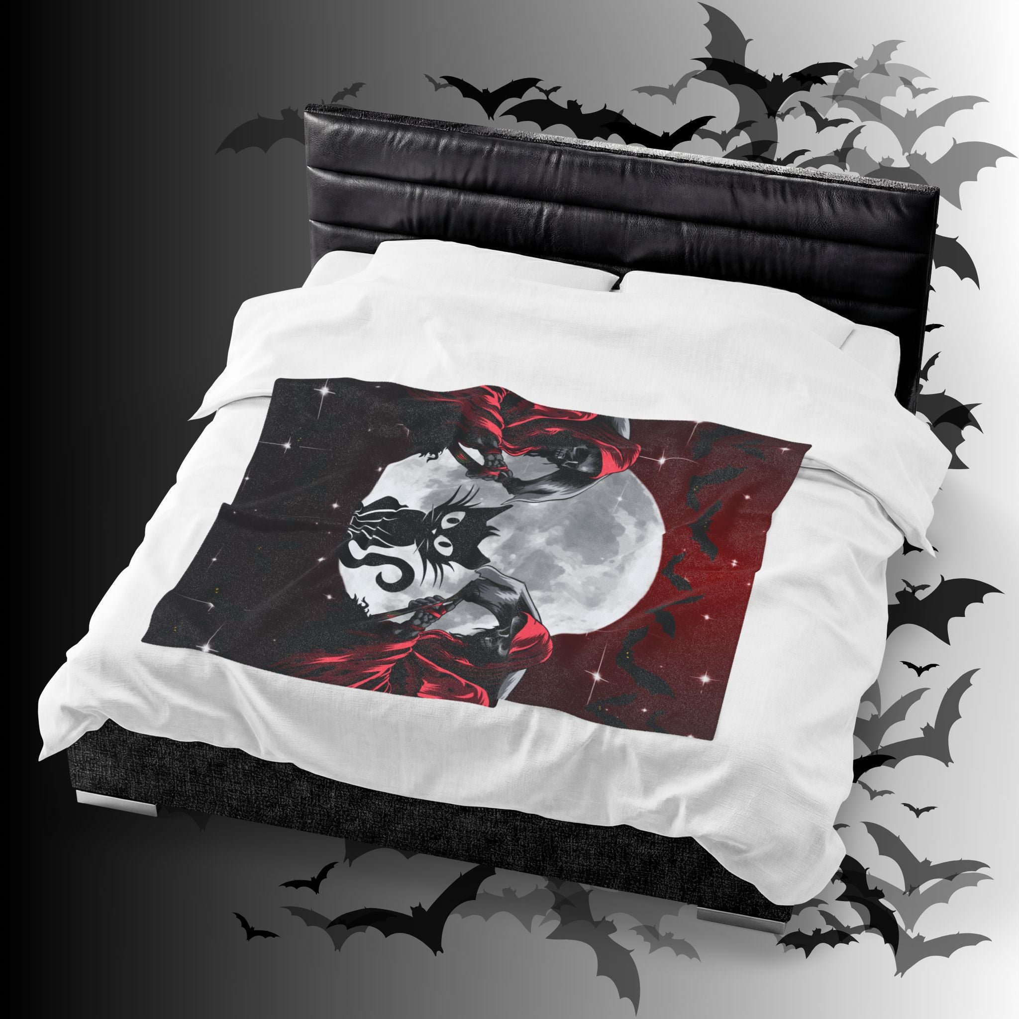 Gothic Black Cat Grim Reaper Throw Blanket — Moonlit Dark Home Decor
