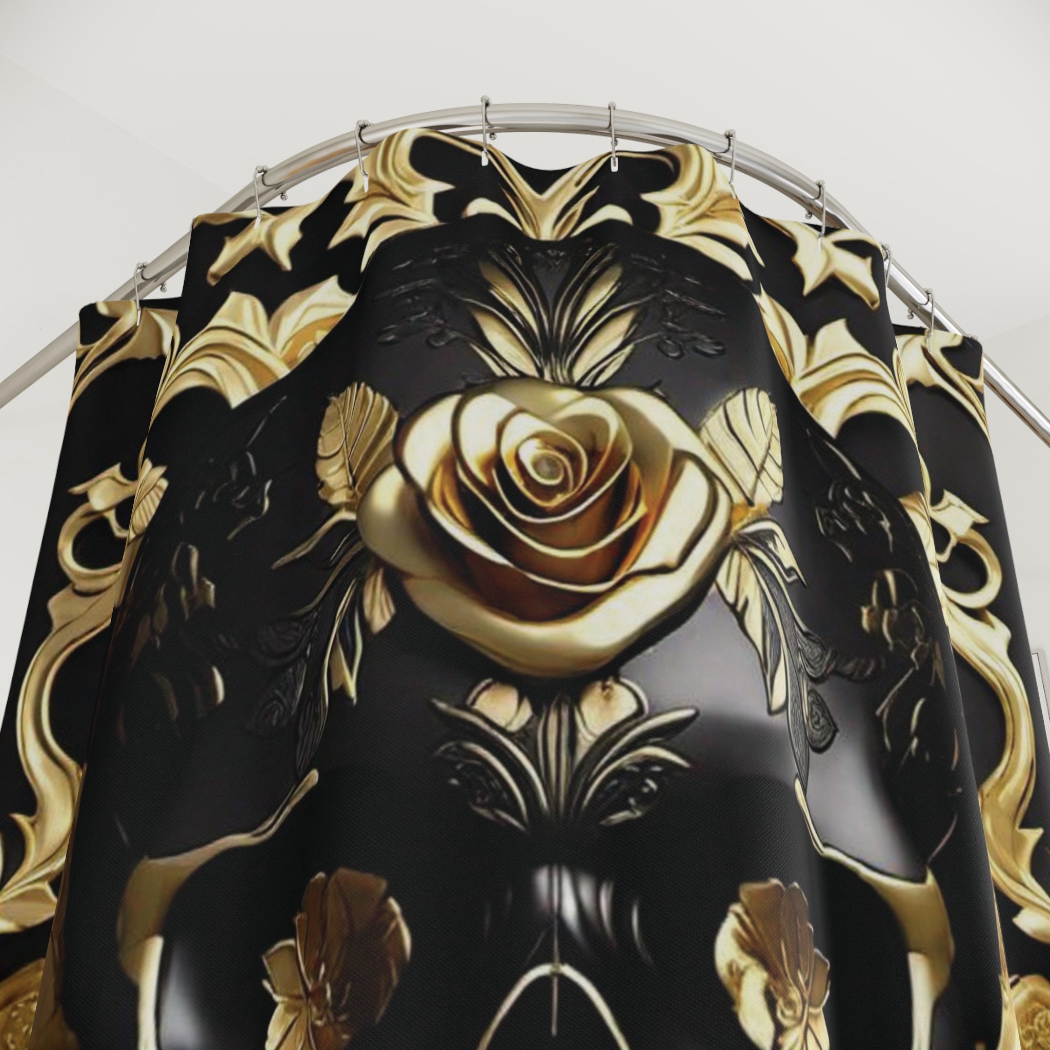 Gothic Black & Gold Skull Shower Curtain — Luxury Baroque Bathroom Decor