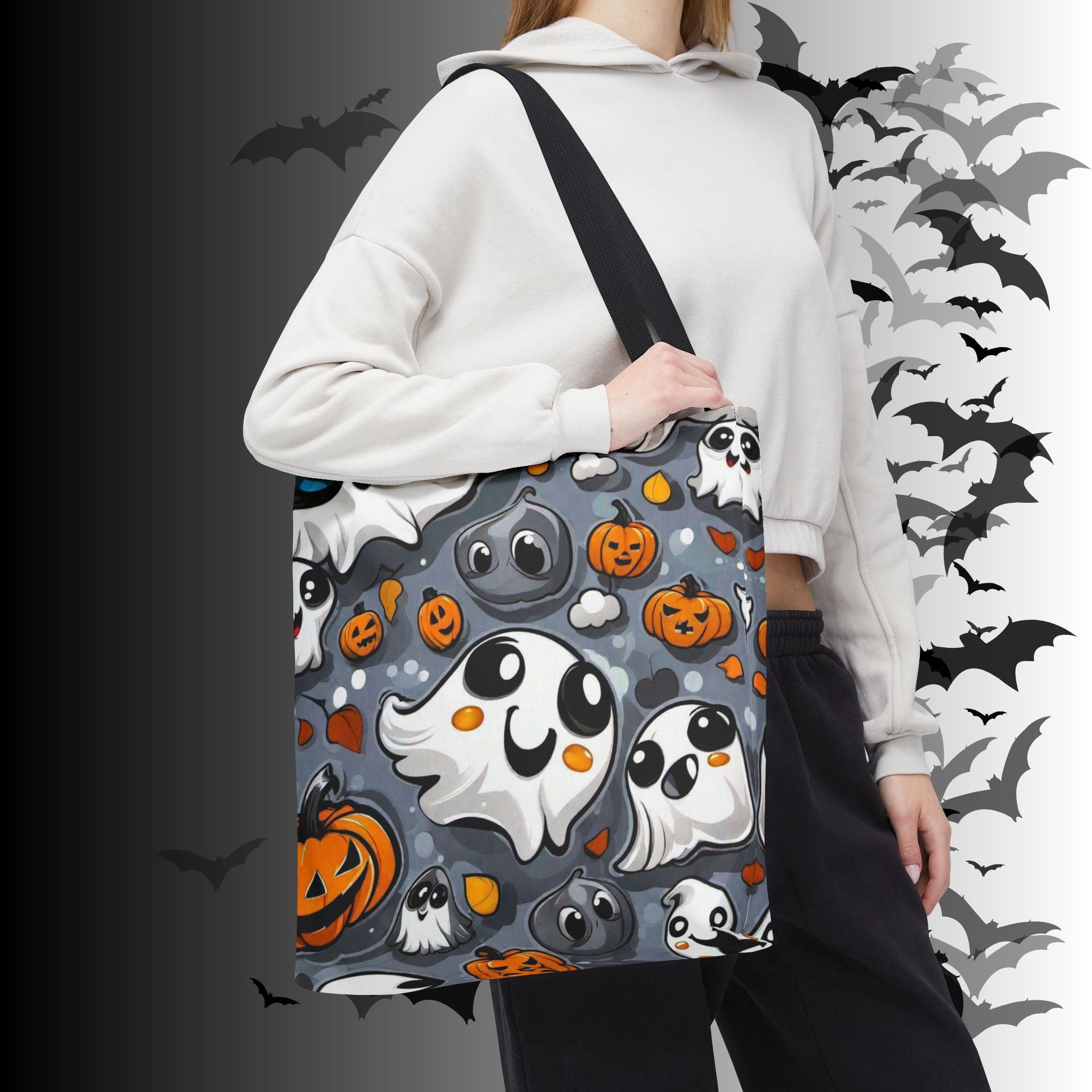Kawaii Ghost & Pumpkin Halloween Tote Bag — Spooky All-Over Print