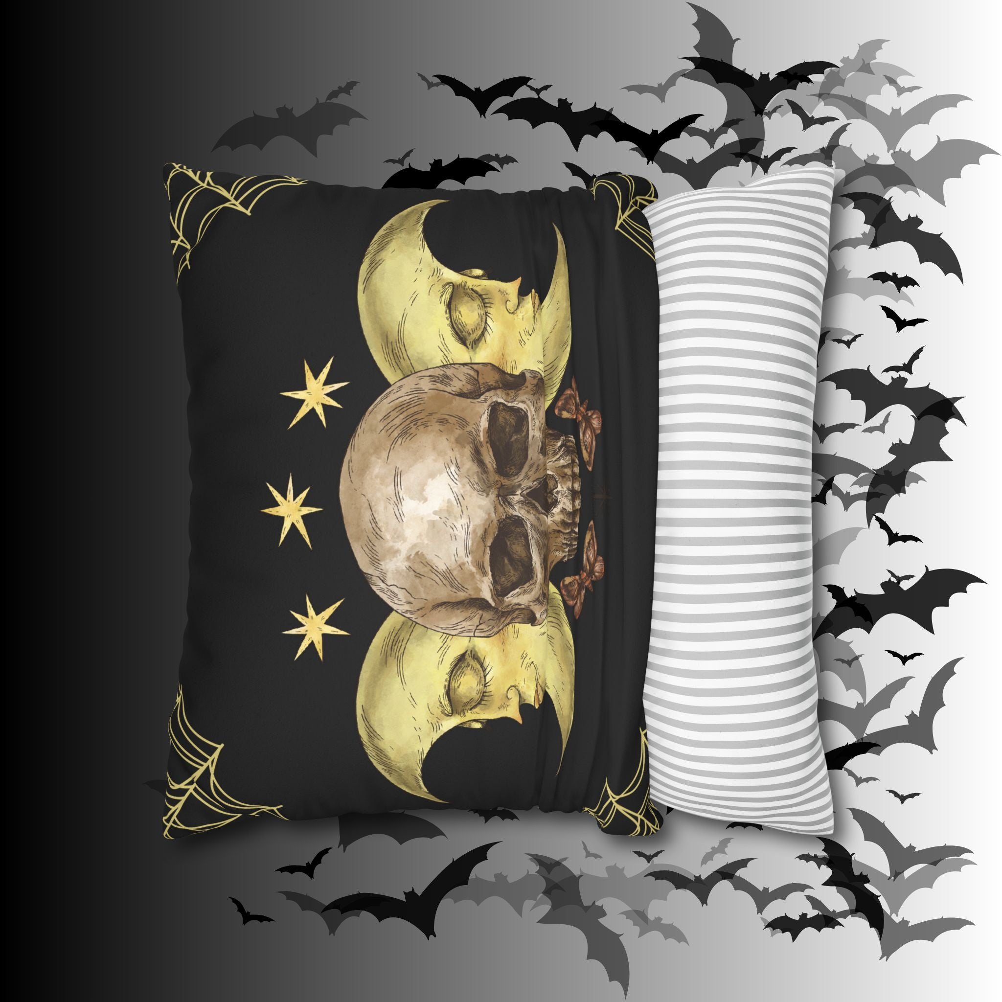 Gothic Moon Skull Throw Pillow — Celestial Dark Home Decor