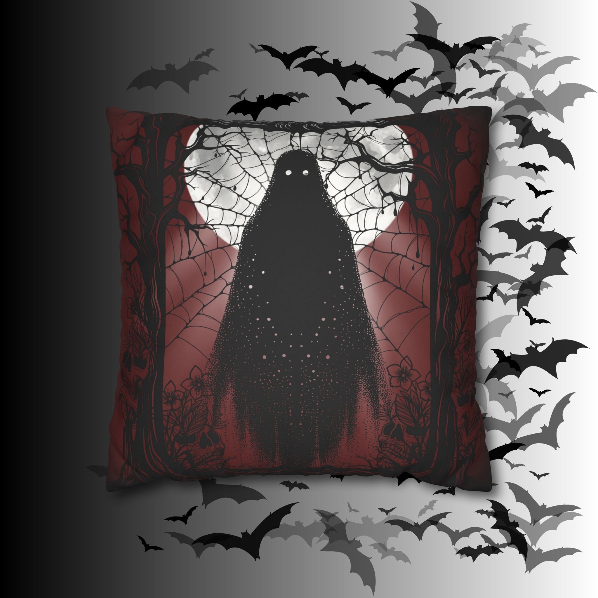 Gothic Ghost Cobweb Moon Throw Pillow — Spooky Halloween Dark Home Decor