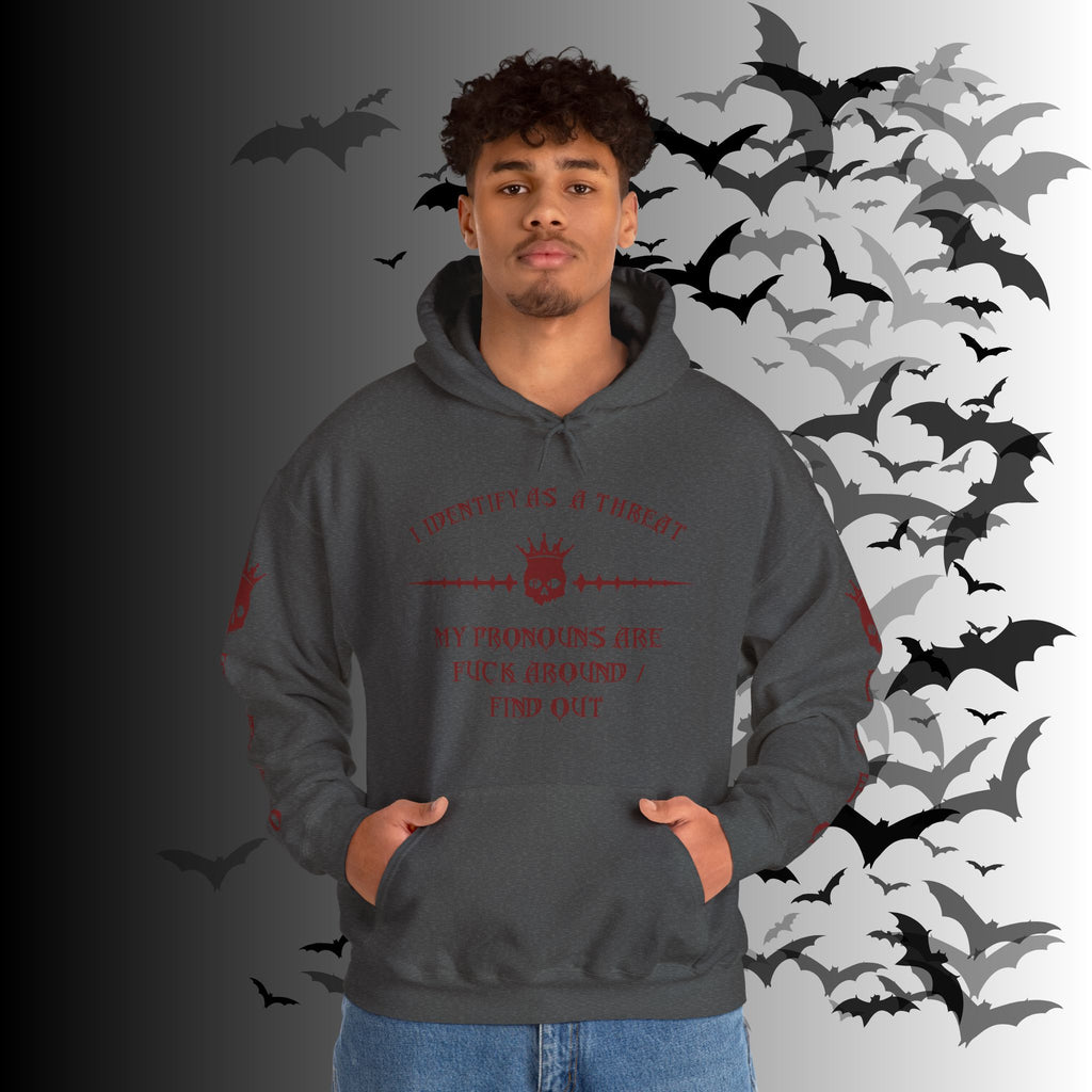 I Identify As a Threat Hoodie — Gothic Skull Sleeve Print Fuck Around Find Out
