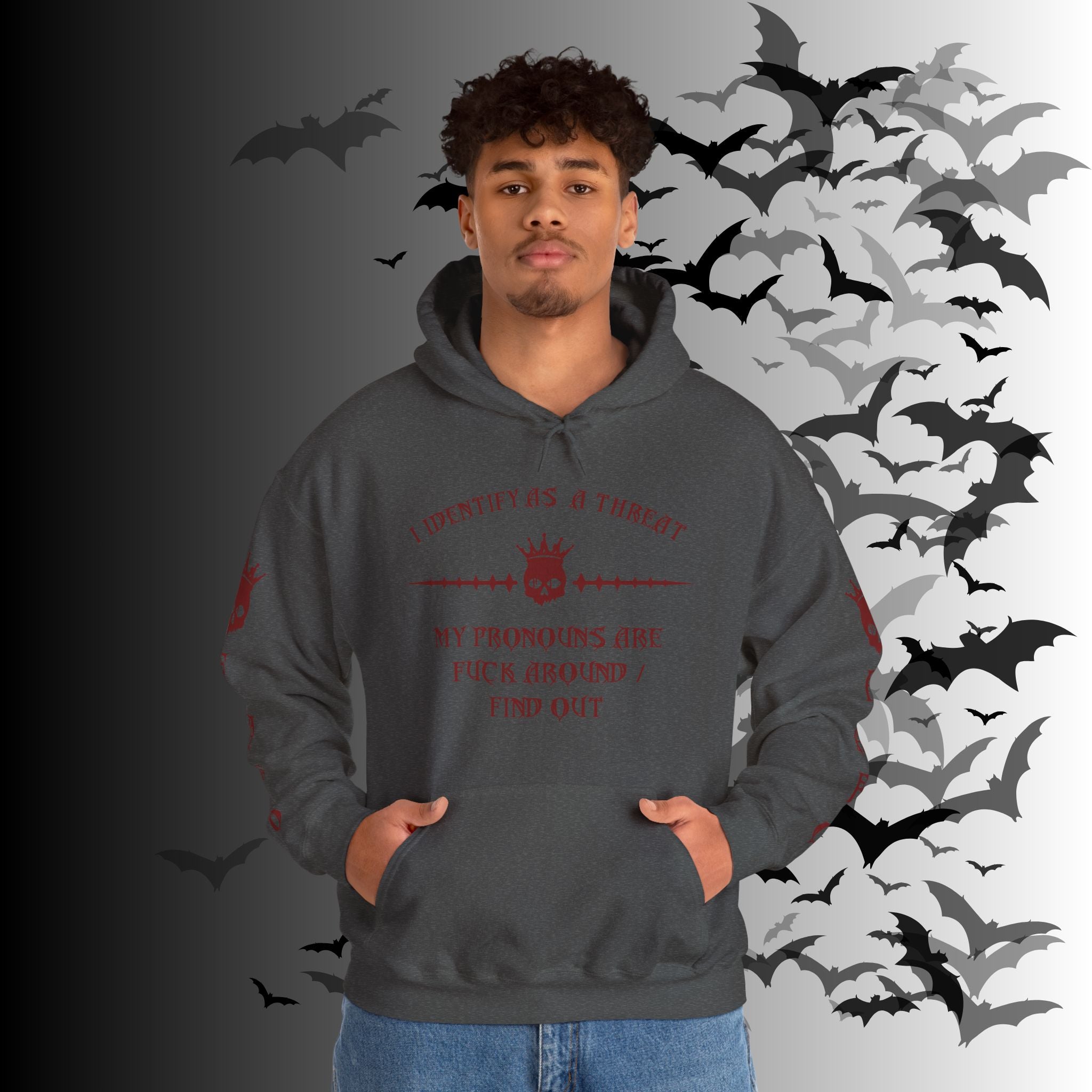 I Identify As a Threat Hoodie — Gothic Skull Sleeve Print Fuck Around Find Out