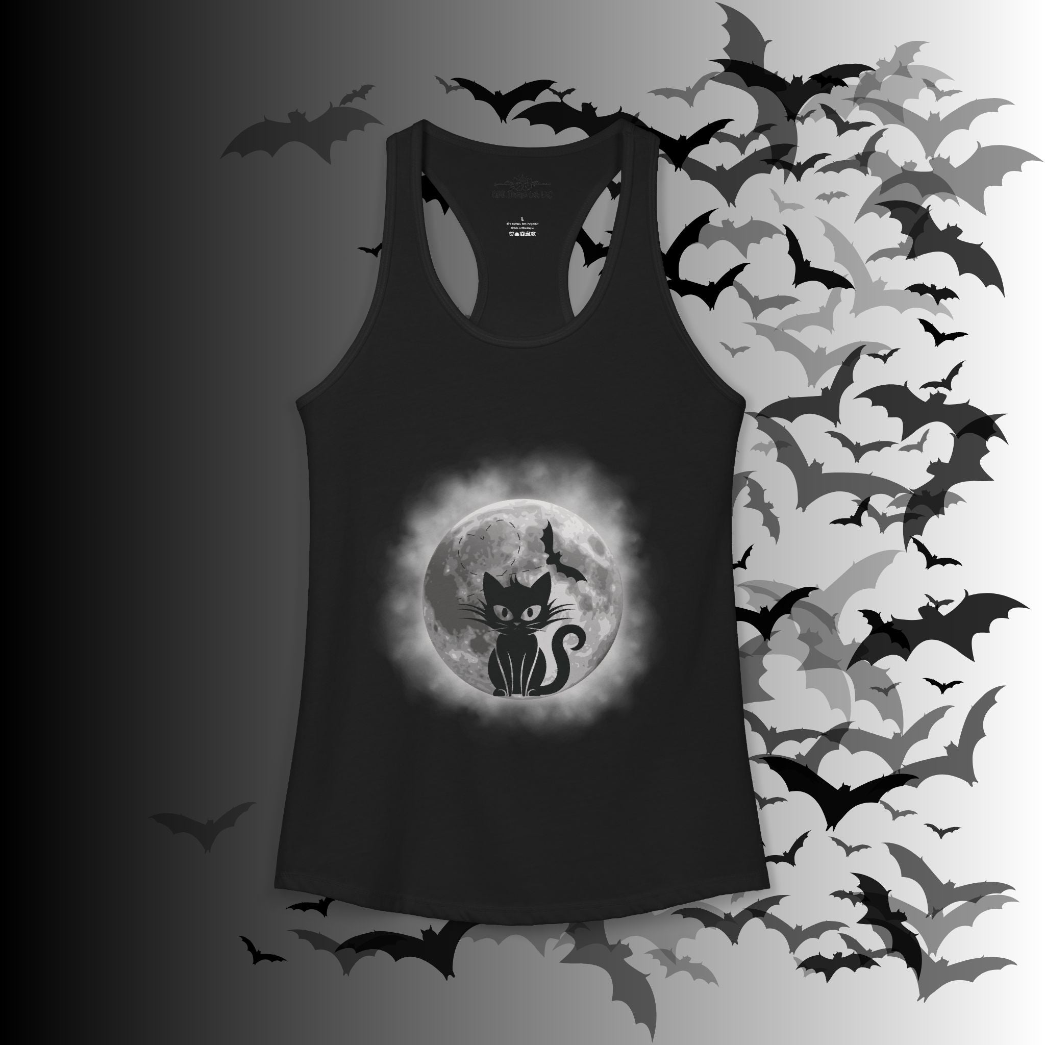 Gothic Black Cat Full Moon Racerback Tank Top — Witchy Sleeveless Shirt