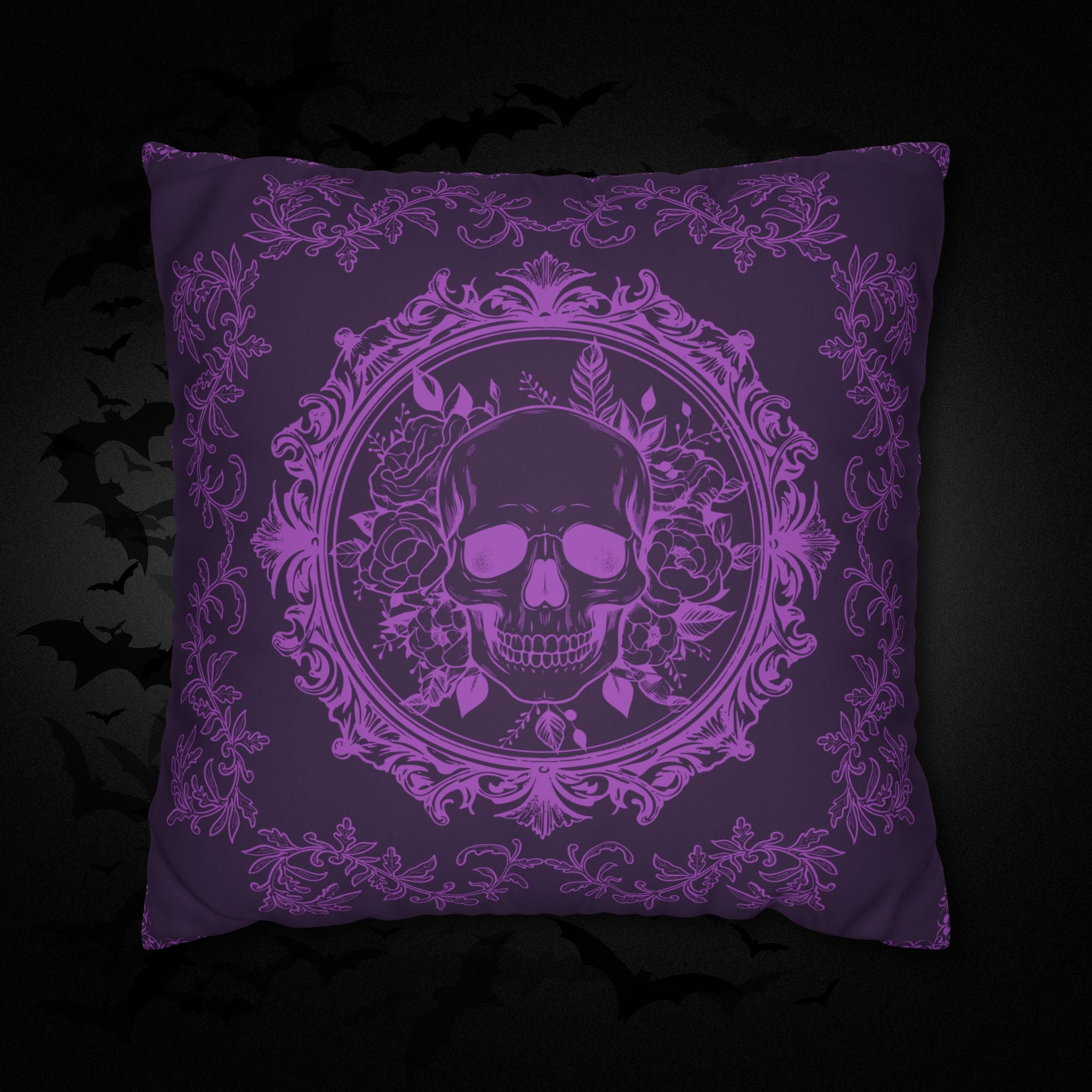 Purple Gothic Floral Skull Throw Pillow — Baroque Botanical Dark Home Decor