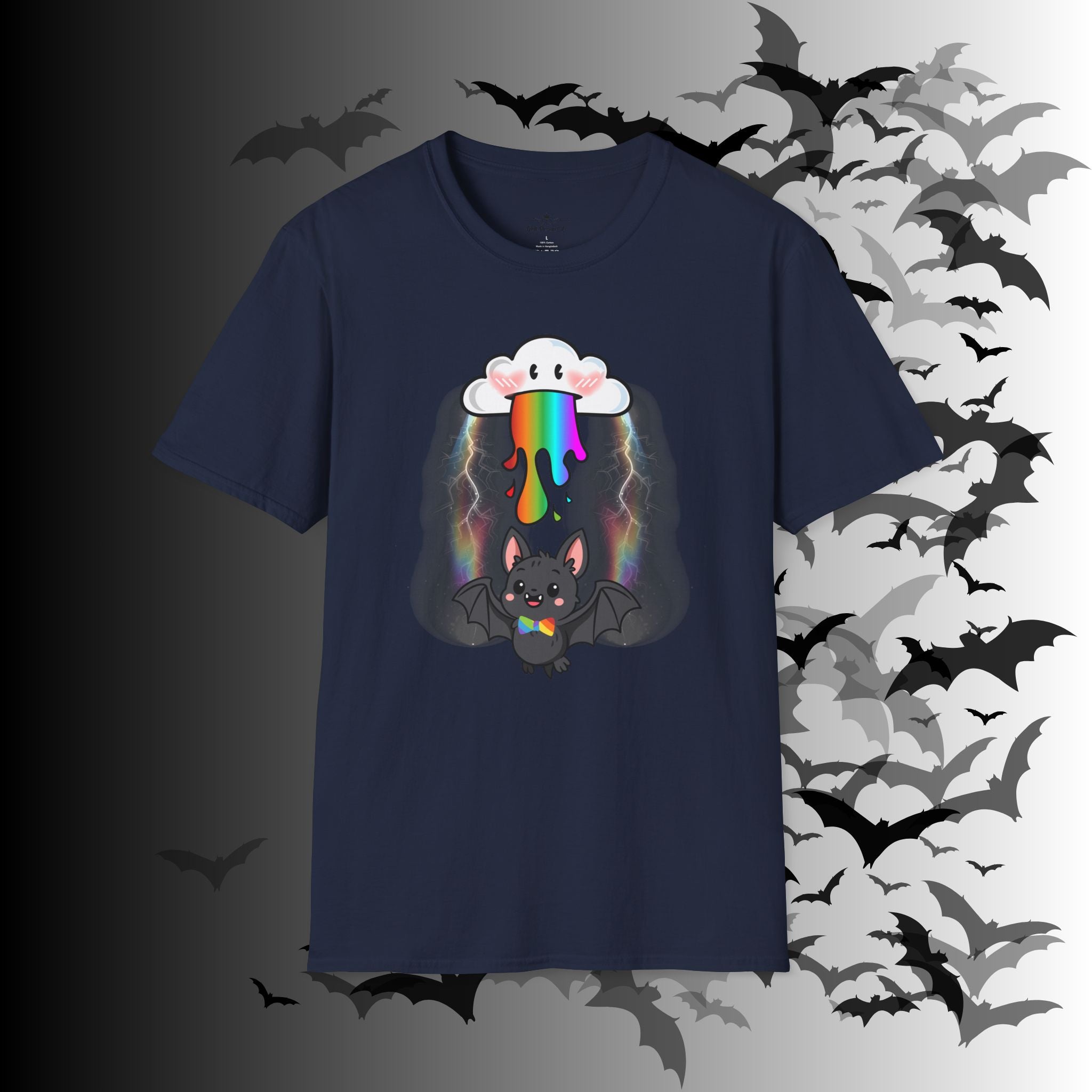 Rainbow Vomit Cloud Bat T-Shirt — Kawaii Goth Pride Unisex Tee