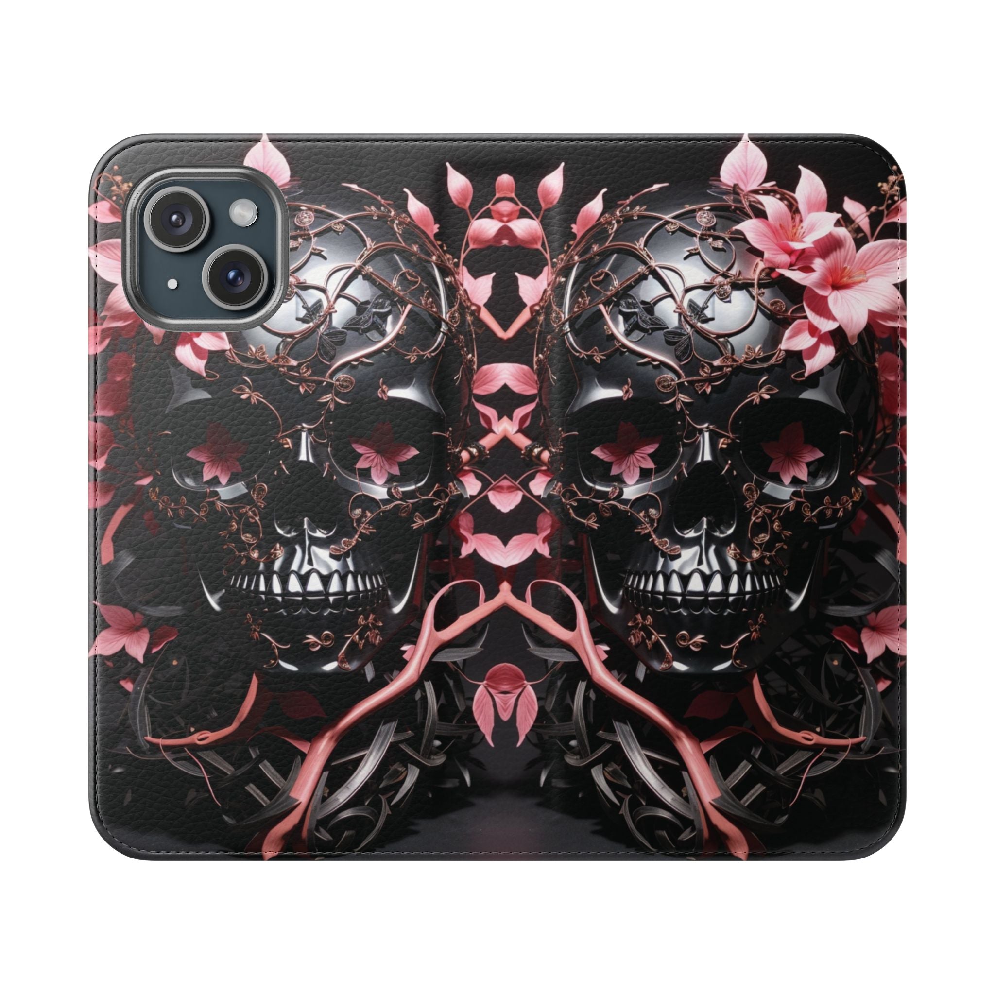 Pink Pastel Goth Skull Flip Wallet Phone Case - Skull Wallet Case for Samsung iPhone - Gothic Style Skull Wallet Phone Cases