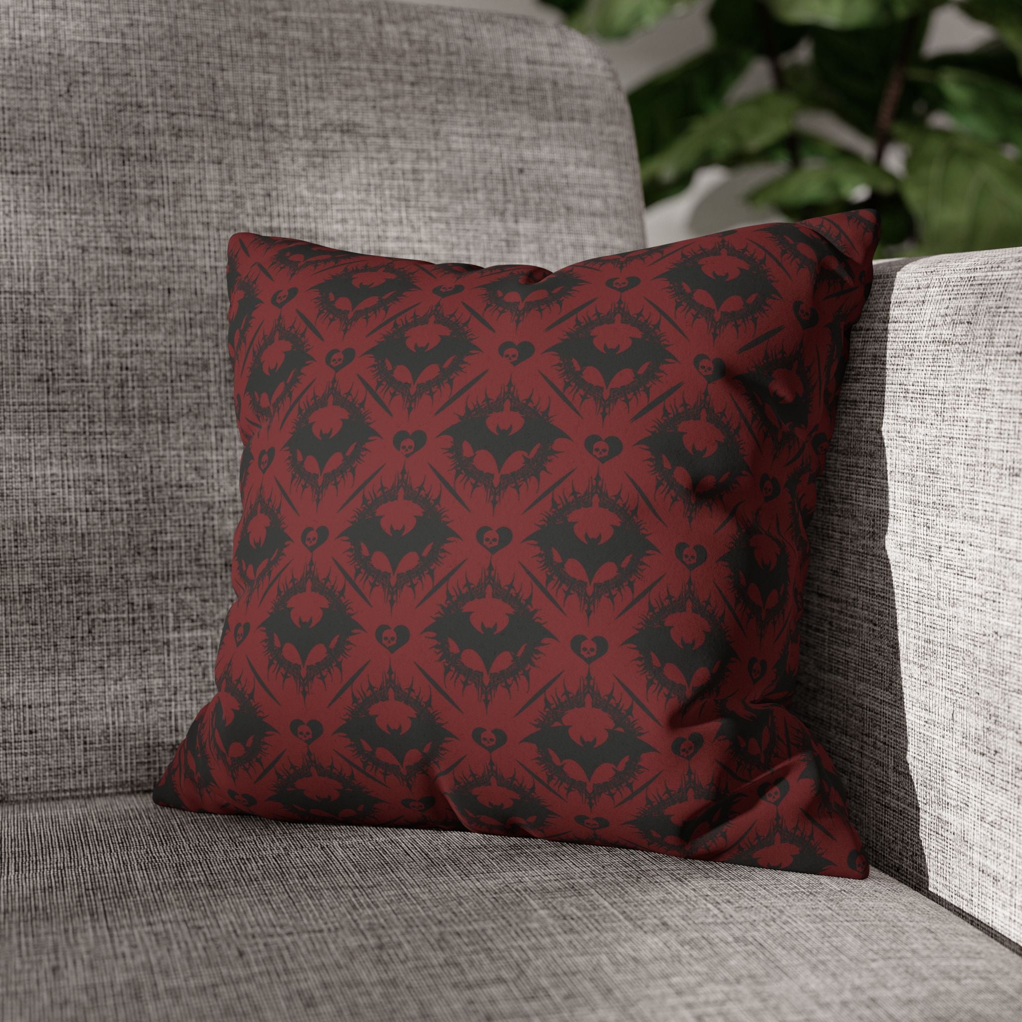 Gothic Bat Diamond Pattern Throw Pillow — Dark Red Damask Home Decor