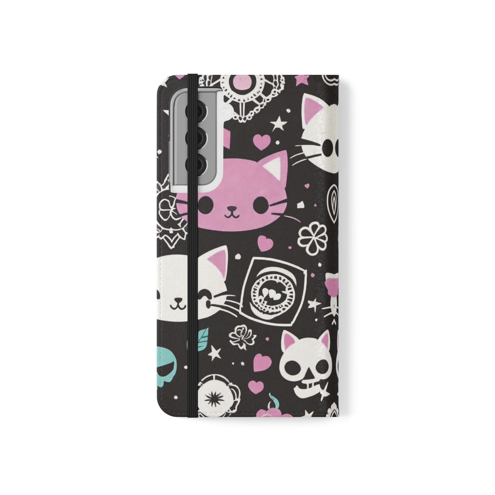 Pastel Goth Cat Flip Wallet Phone Case - Goth Cat Wallet Case for Samsung iPhone - Gothic Style Cats Wallet Phone Cases