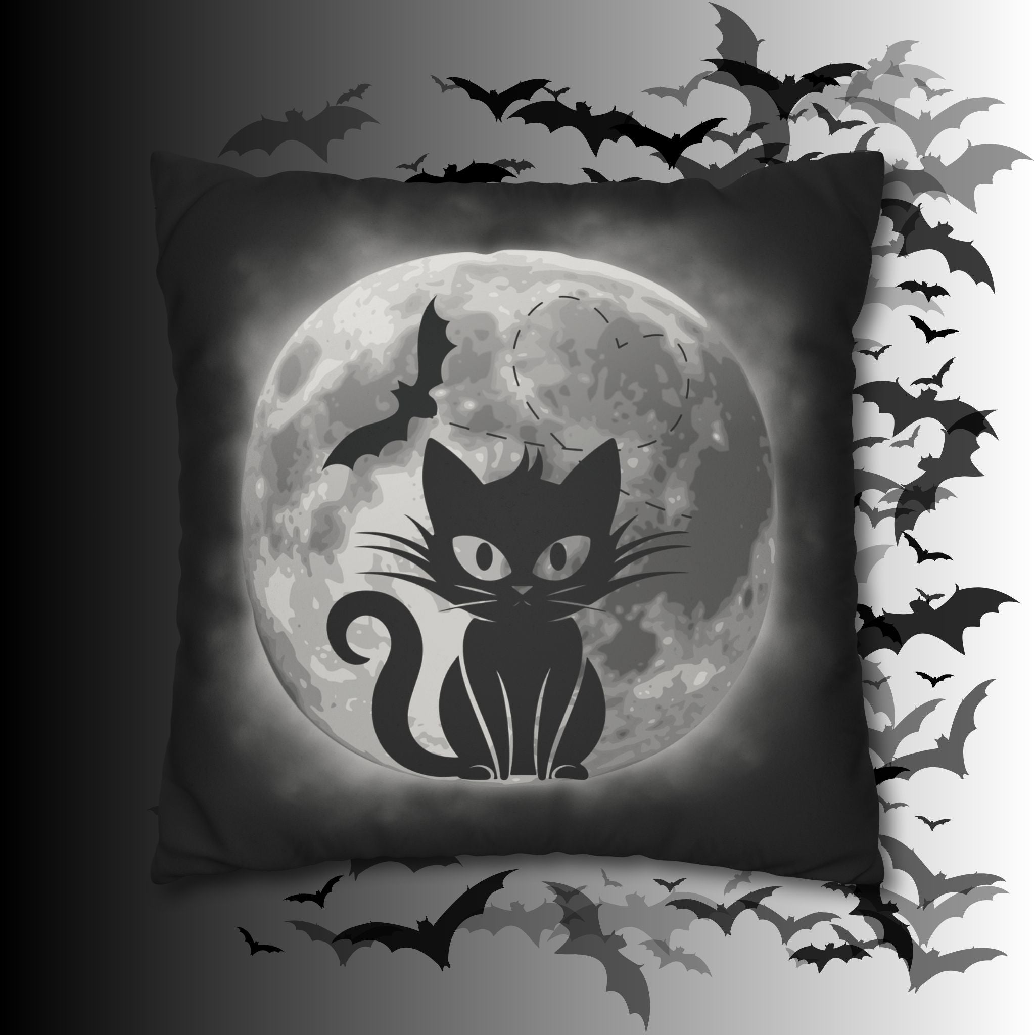Gothic Black Cat Full Moon Throw Pillow — Bat Dark Home Decor