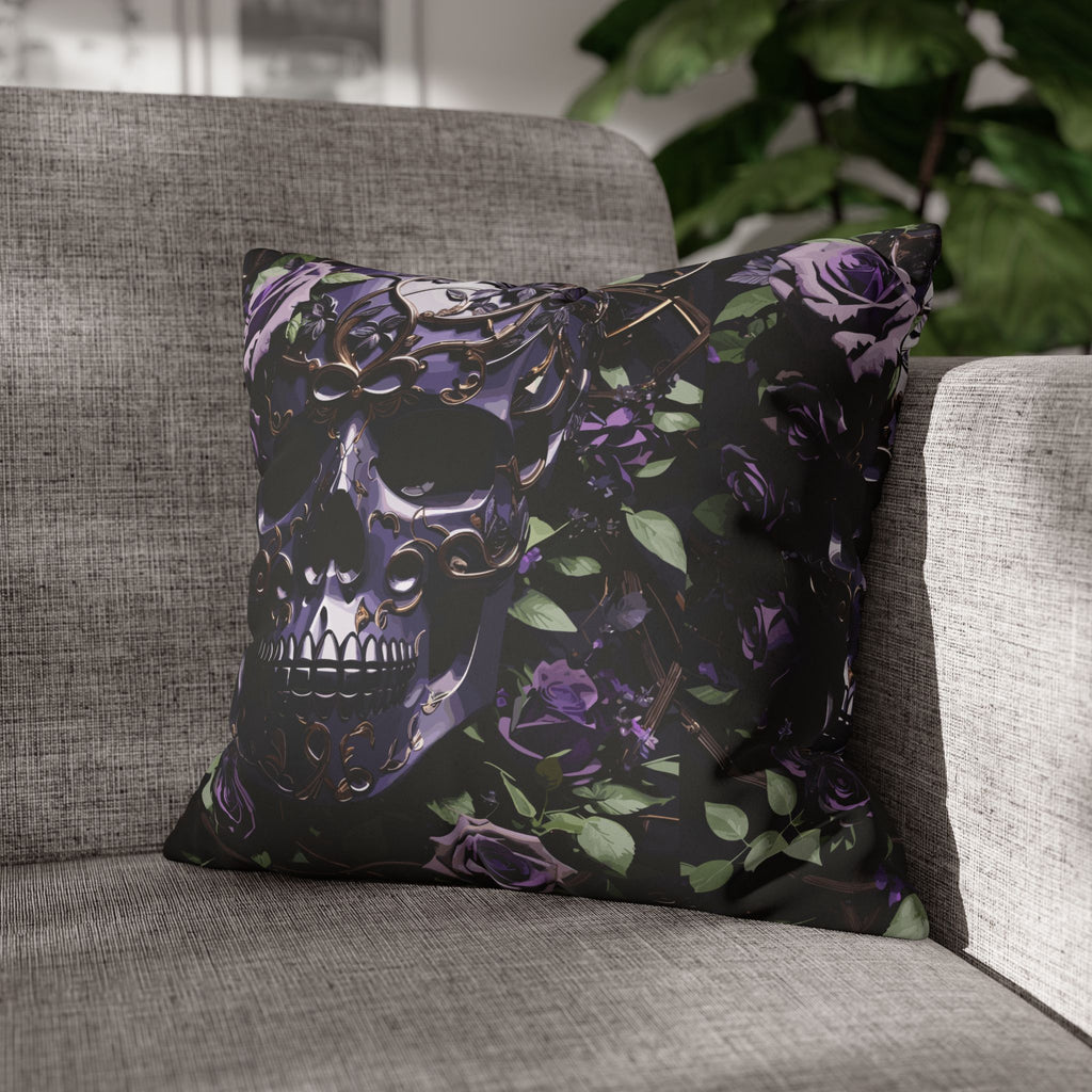 Gothic Black Purple Skull Throw Pillow — Dark Floral Botanical Home Decor