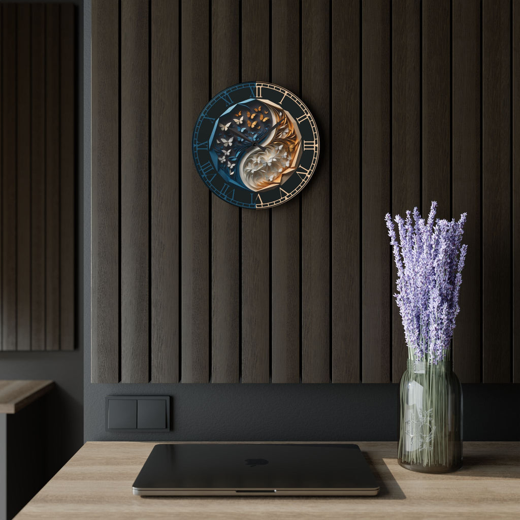 Origami Style Yin Yang Butterfly Acrylic Art Print Wall Clock Blue Gold — NOT Real Origami, Zen Home Decor