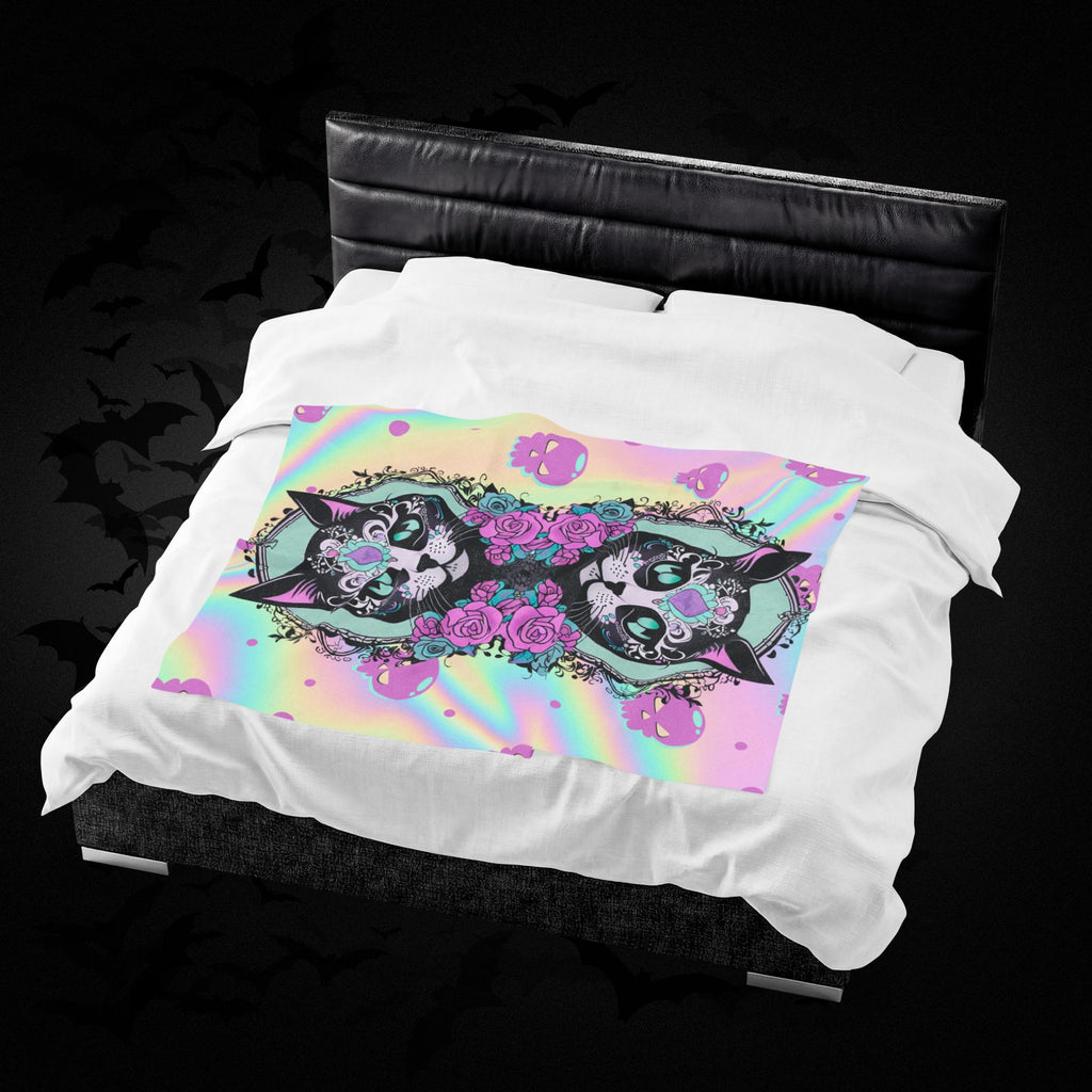 Pastel Goth Sugar Skull Cat Throw Blanket — Floral Gothic Home Decor