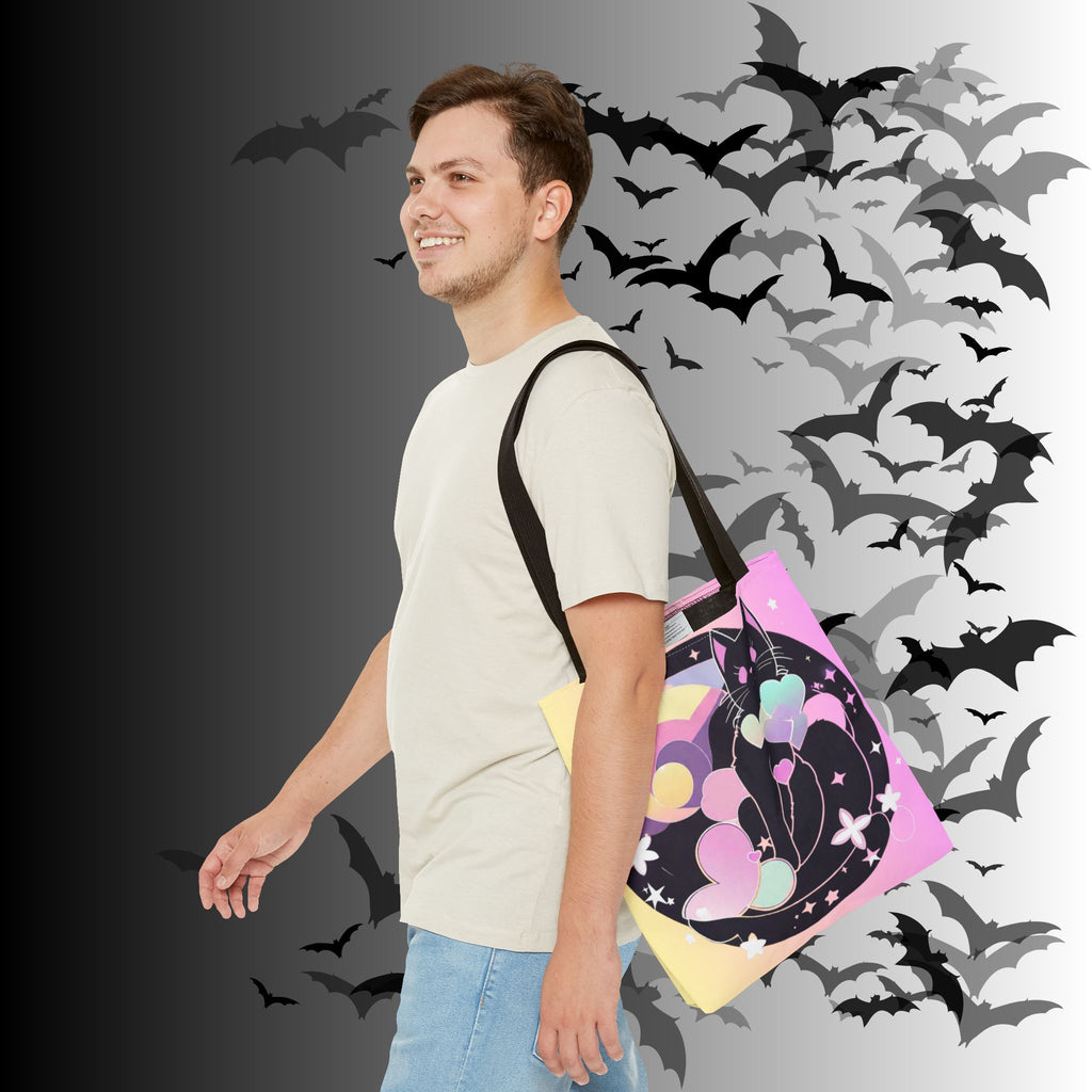 Pastel Goth Black Cat Heart Balloon Tote Bag — Kawaii Moon Print