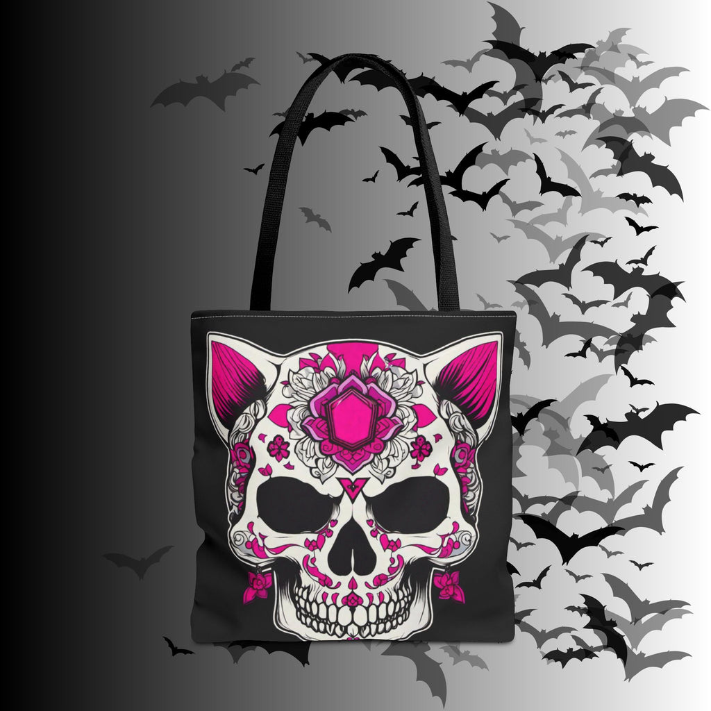 Pink Sugar Skull Cat Tote Bag — Day of the Dead Floral Design