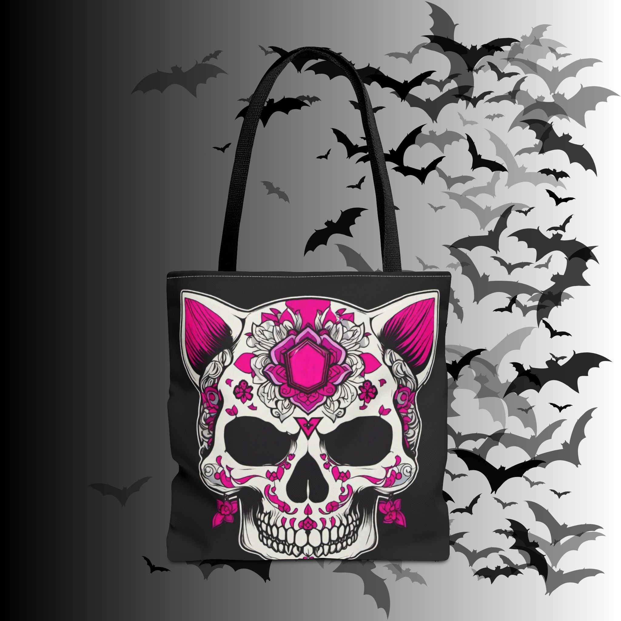 Pink Sugar Skull Cat Tote Bag — Day of the Dead Floral Design