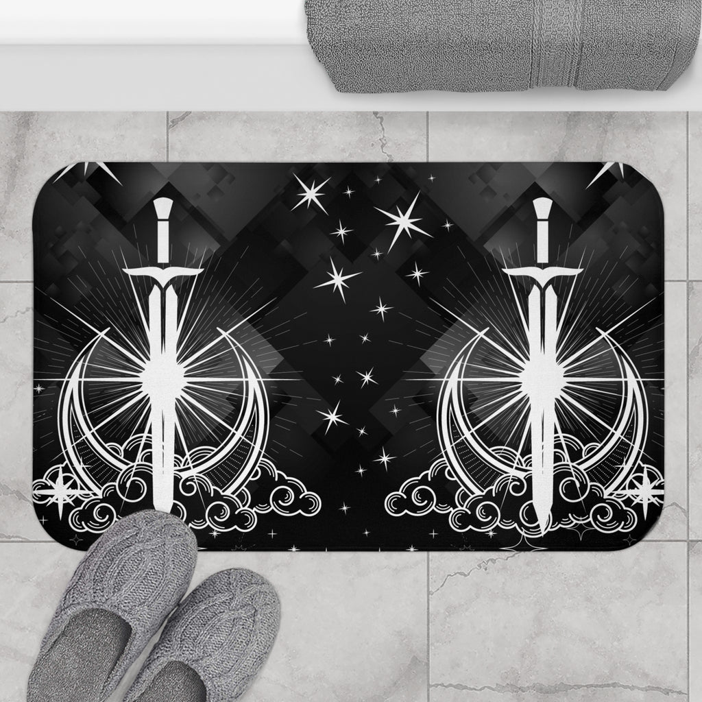 Gothic bath mat featuring mirrored celestial swords piercing crescent moons with starburst linework and star accents on a black geometric background
