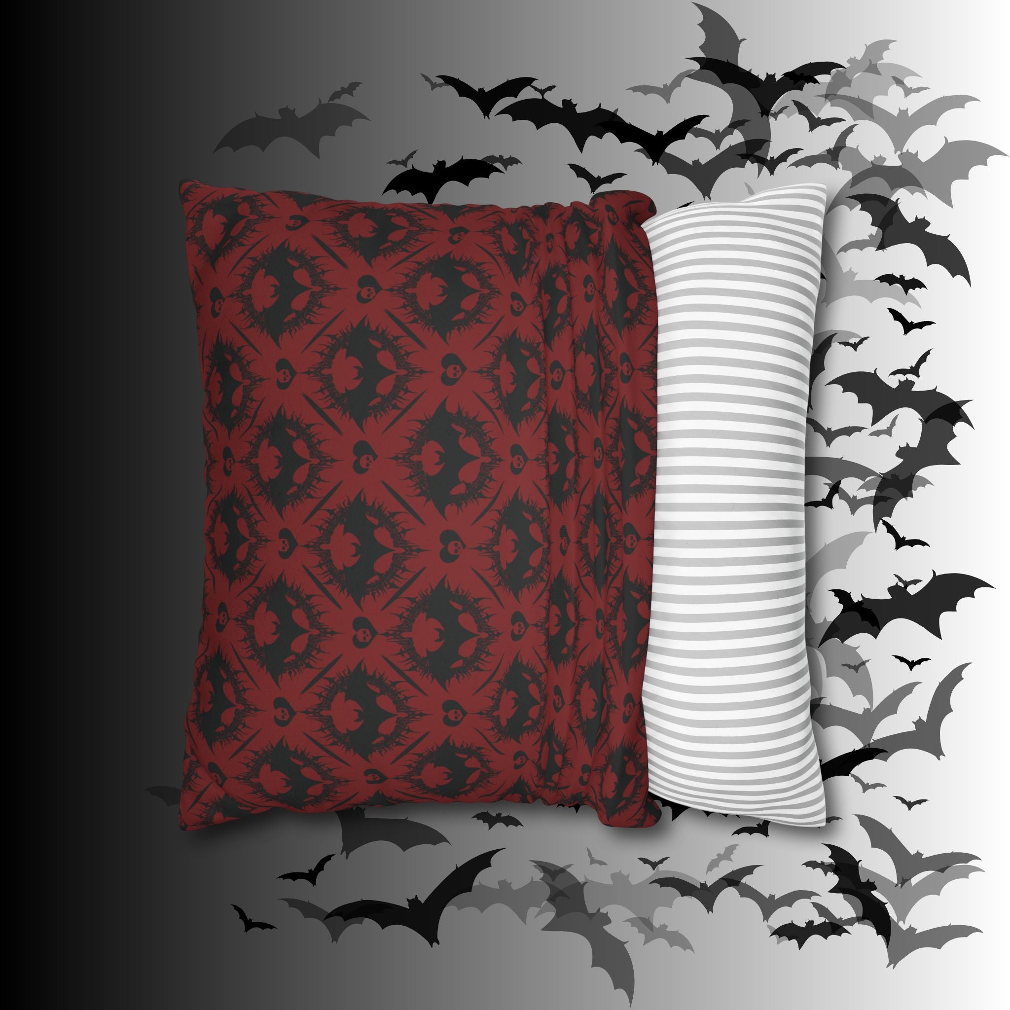 Gothic Bat Diamond Pattern Throw Pillow — Dark Red Damask Home Decor