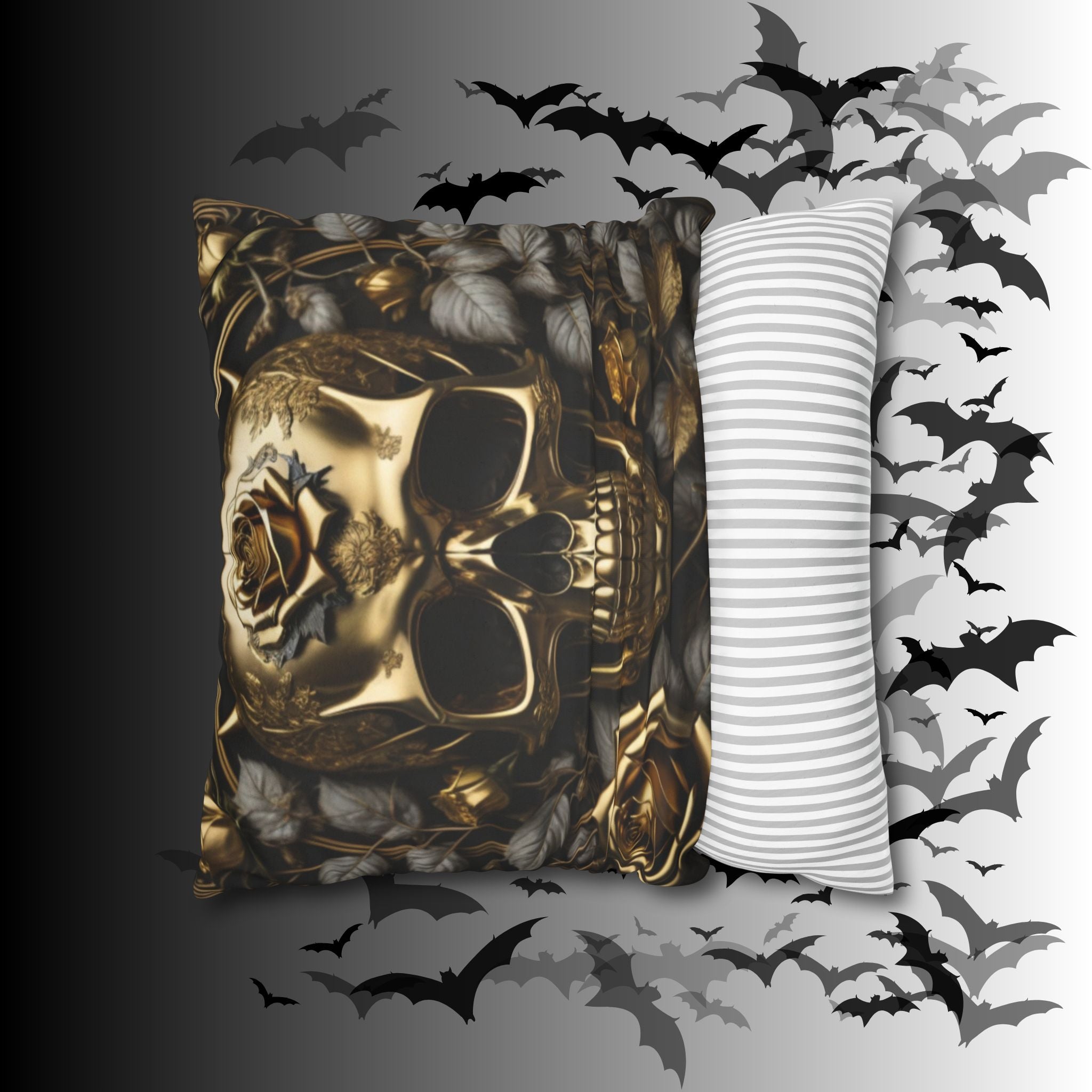 Gothic Gold Black Rose Skull Throw Pillow — Dark Floral Botanical Home Decor
