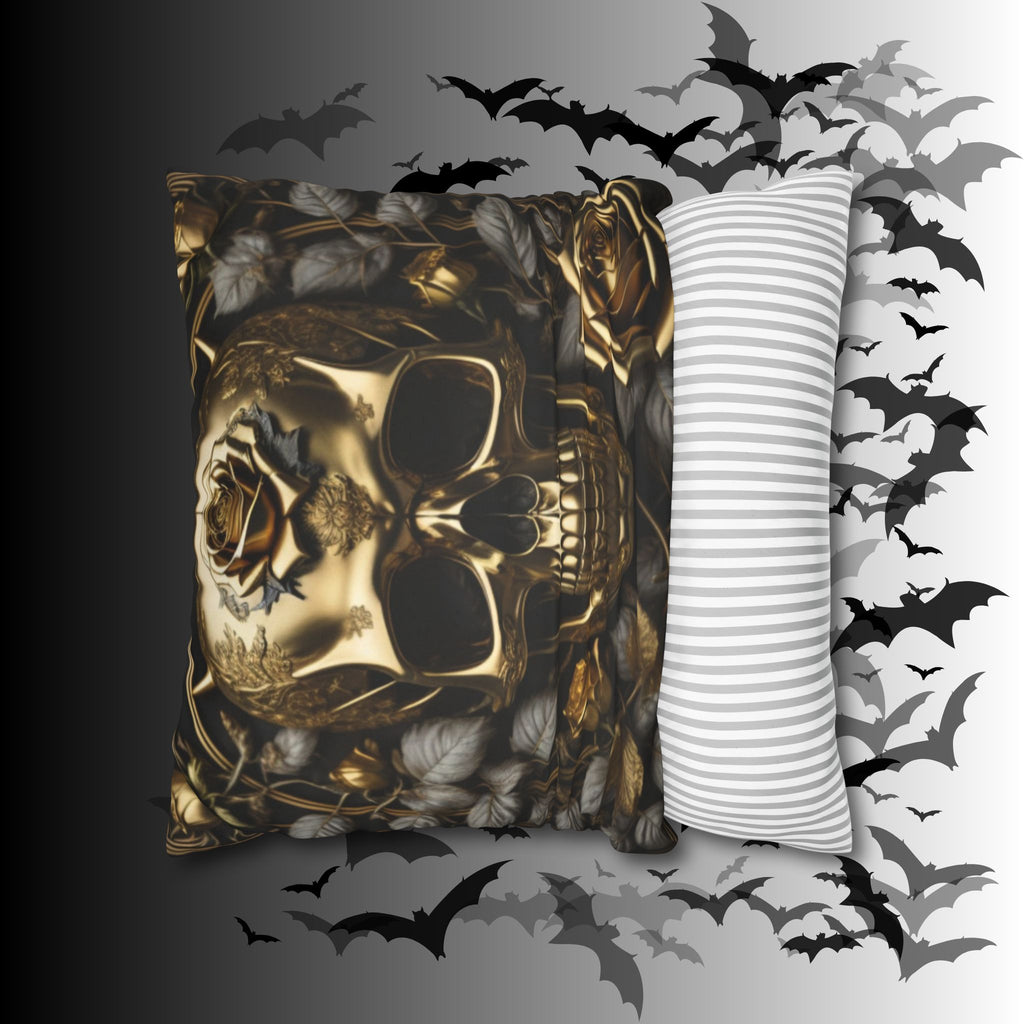Gothic Gold Black Rose Skull Throw Pillow — Dark Floral Botanical Home Decor