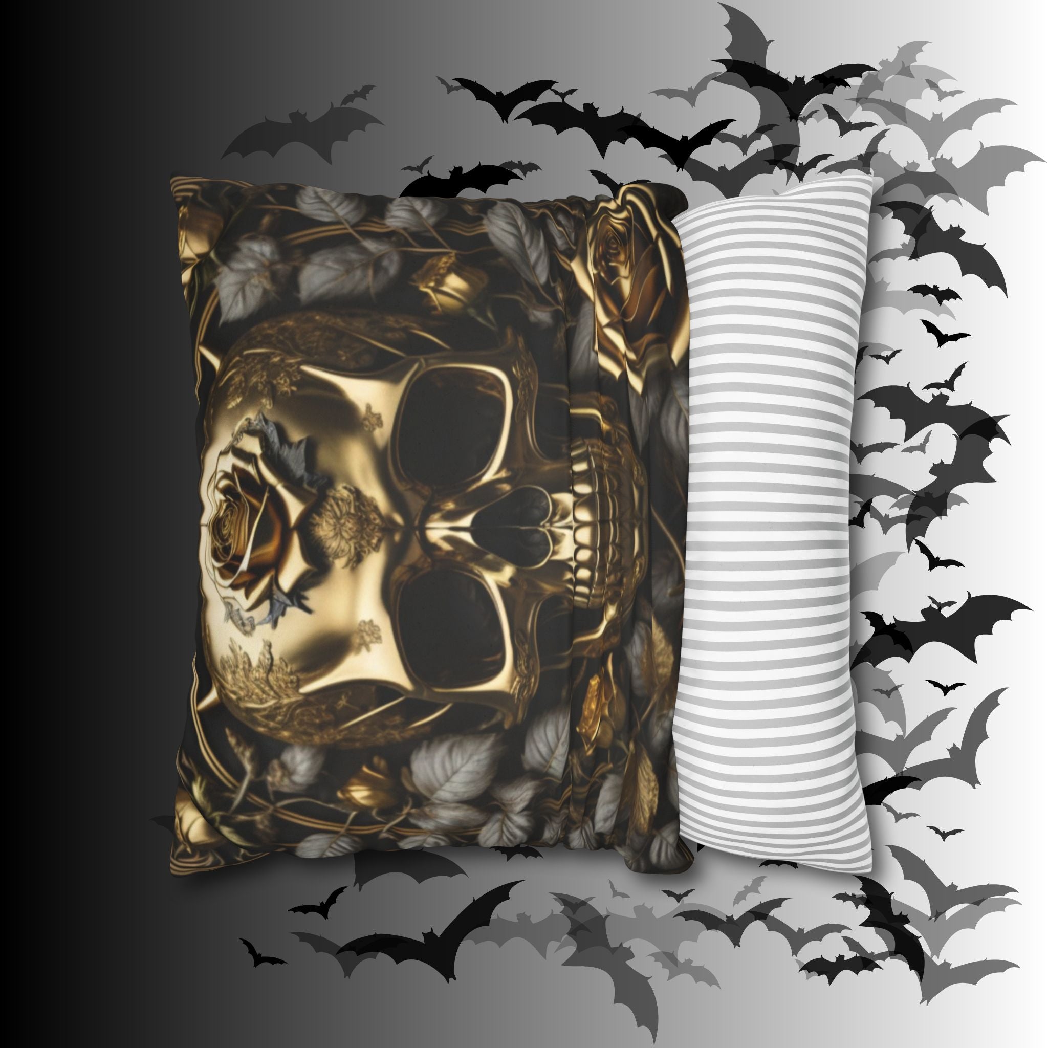 Gothic Gold Black Rose Skull Throw Pillow — Dark Floral Botanical Home Decor