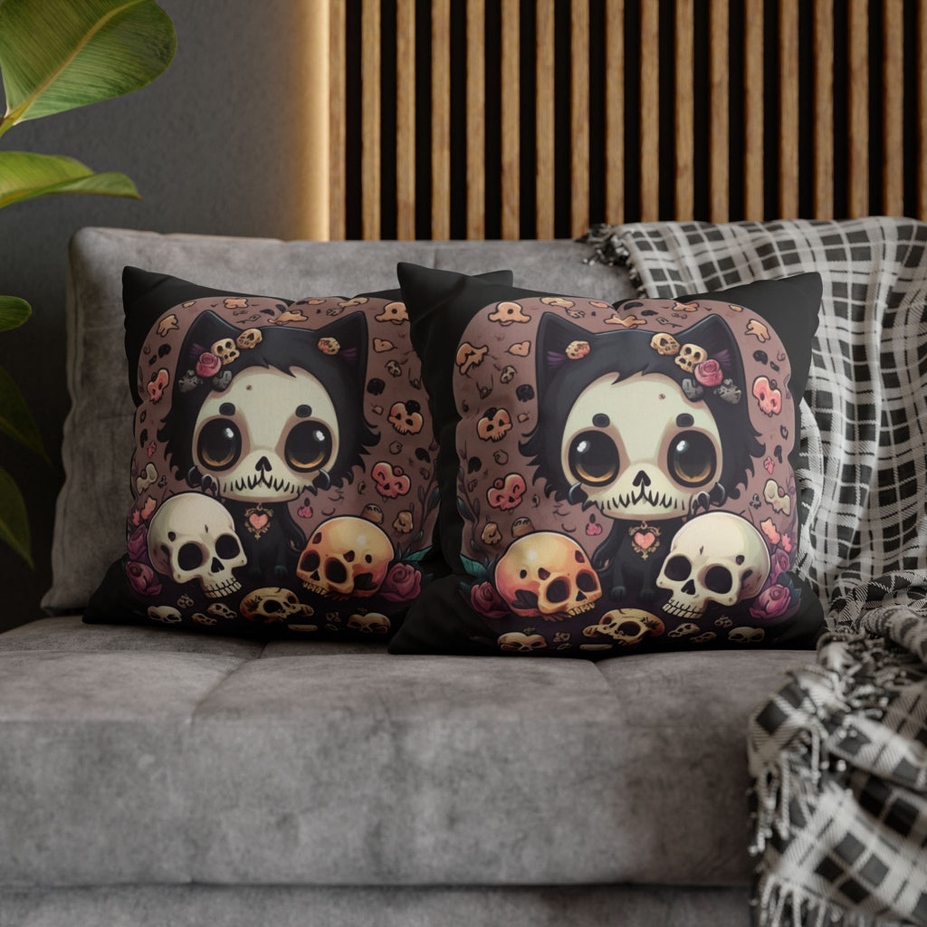 Gothic Skull Face Cat Throw Pillow — Creepy Cute Pastel Goth Home Decor