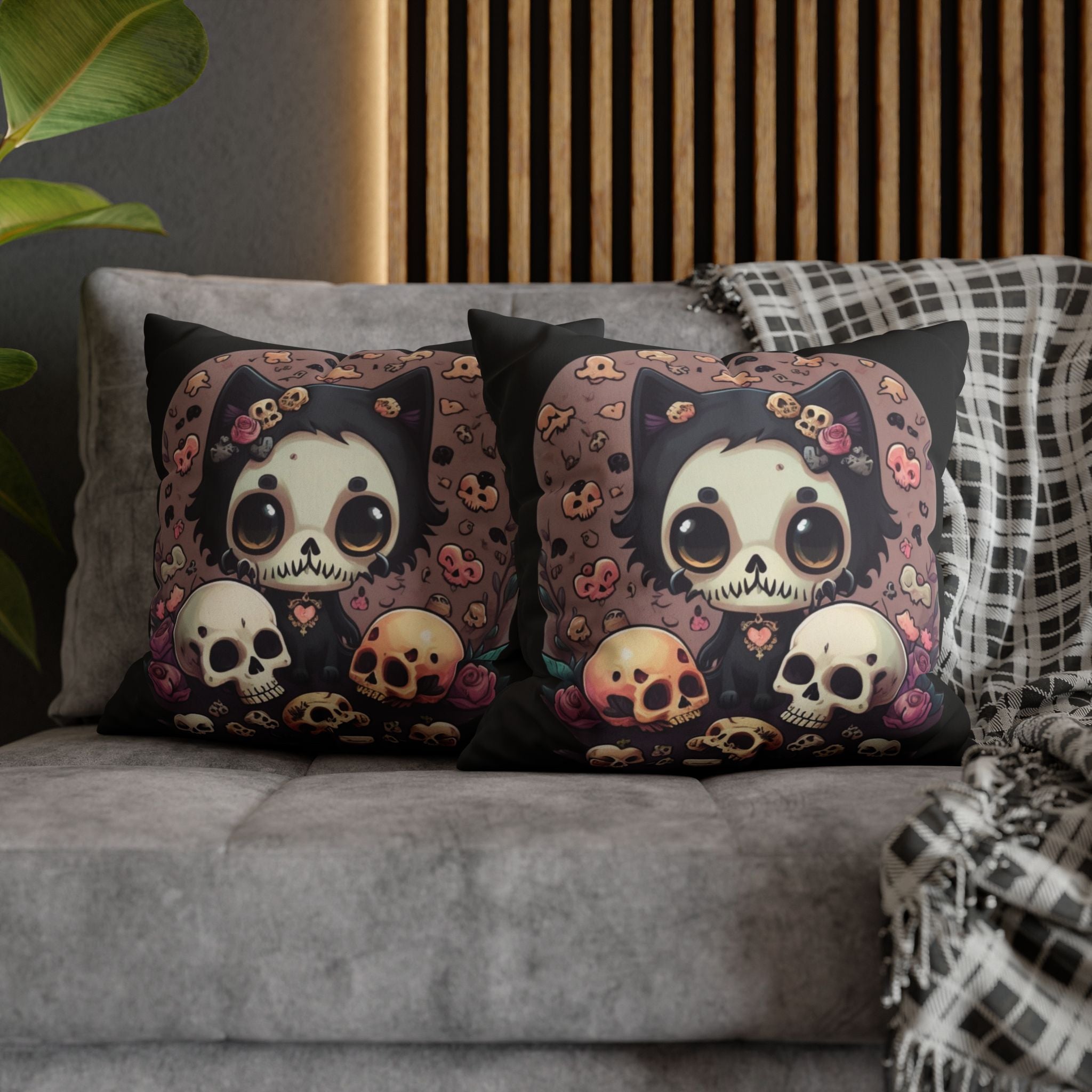Gothic Skull Face Cat Throw Pillow — Creepy Cute Pastel Goth Home Decor