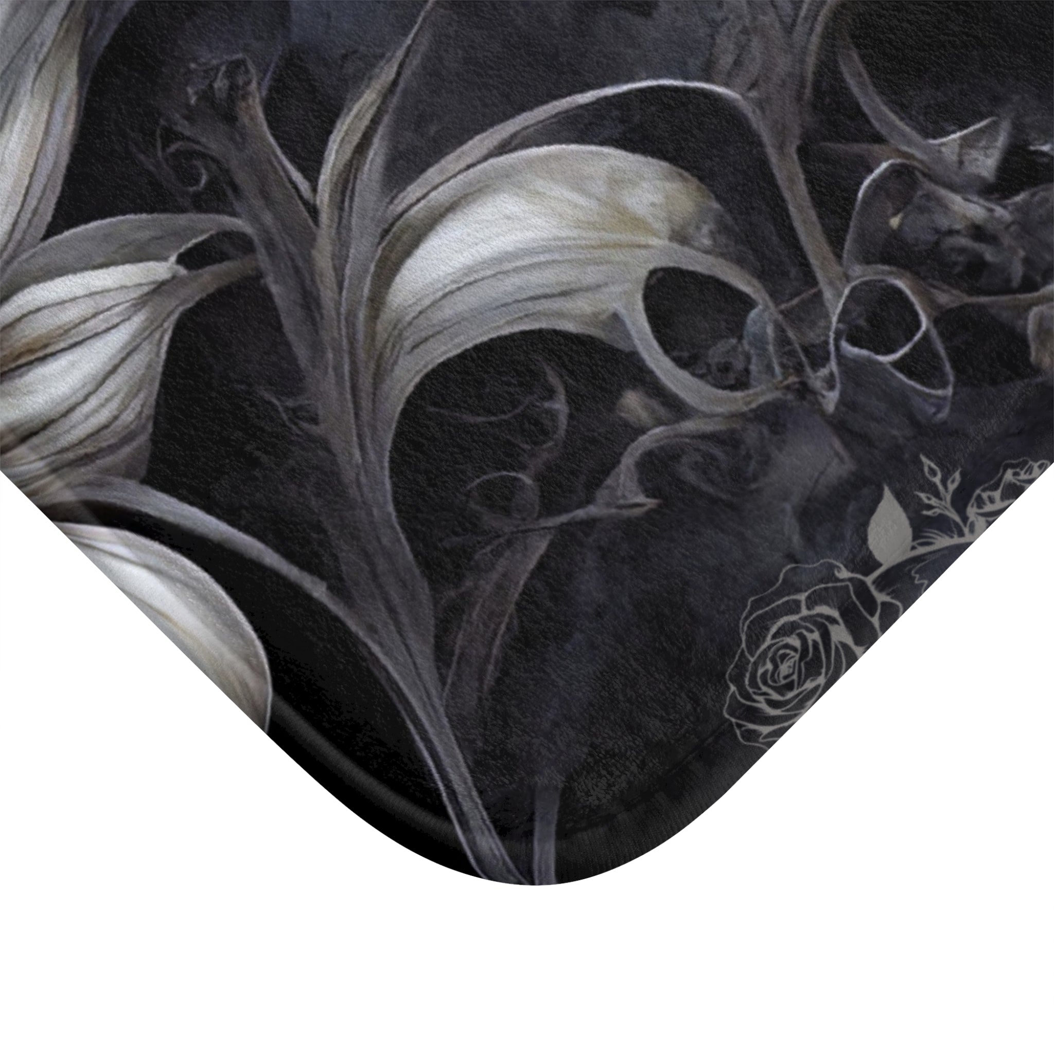 Gothic Botanical Skull Bath Mat — Dark Floral Black Bathroom Decor