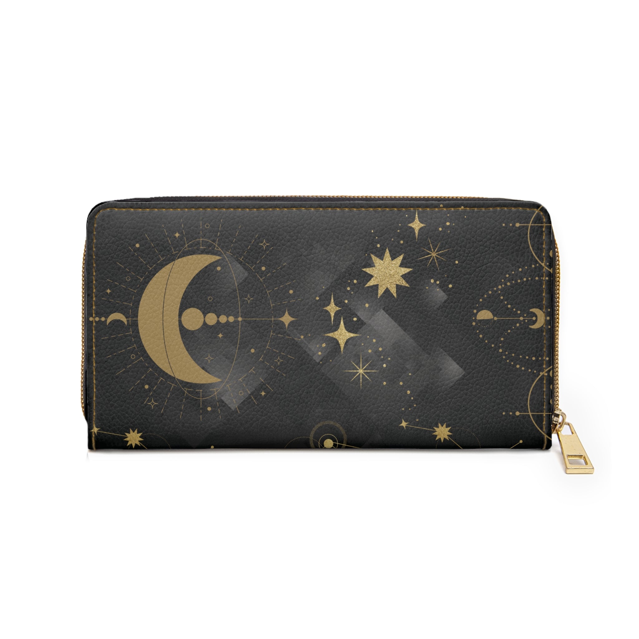 Gold Celestial Moon & Stars Wallet | Witchy Constellation Faux Leather Zipper Clutch