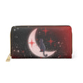 Gothic Celestial Cat Moon Wallet | Crimson Starfield Faux Leather Zipper Clutch