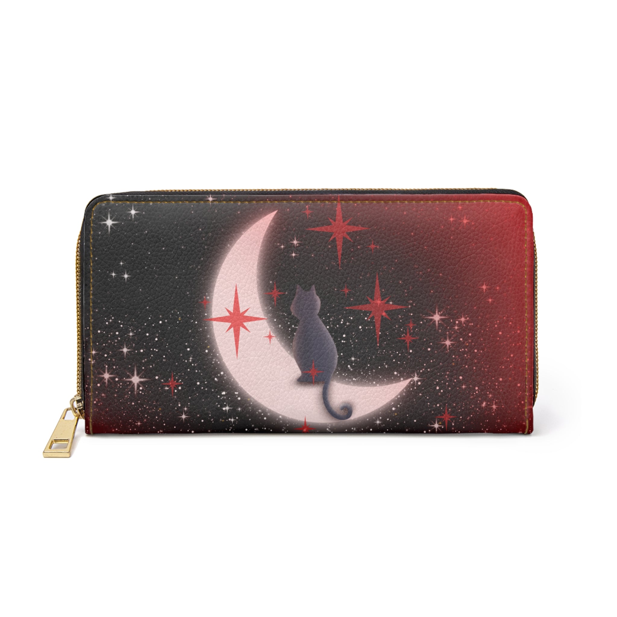 Gothic Celestial Cat Moon Wallet | Crimson Starfield Faux Leather Zipper Clutch