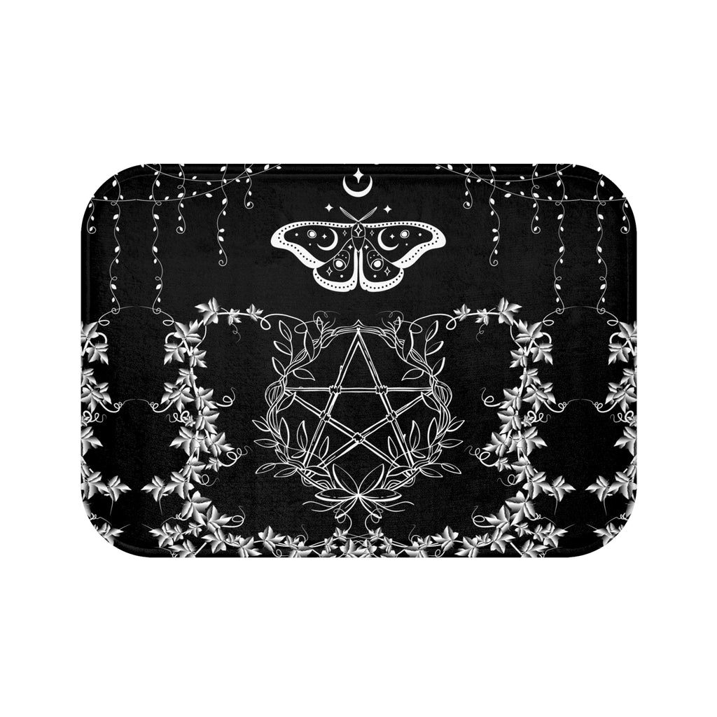 Gothic Pentagram Luna Moth Bath Mat — Witchy Floral Bathroom Decor