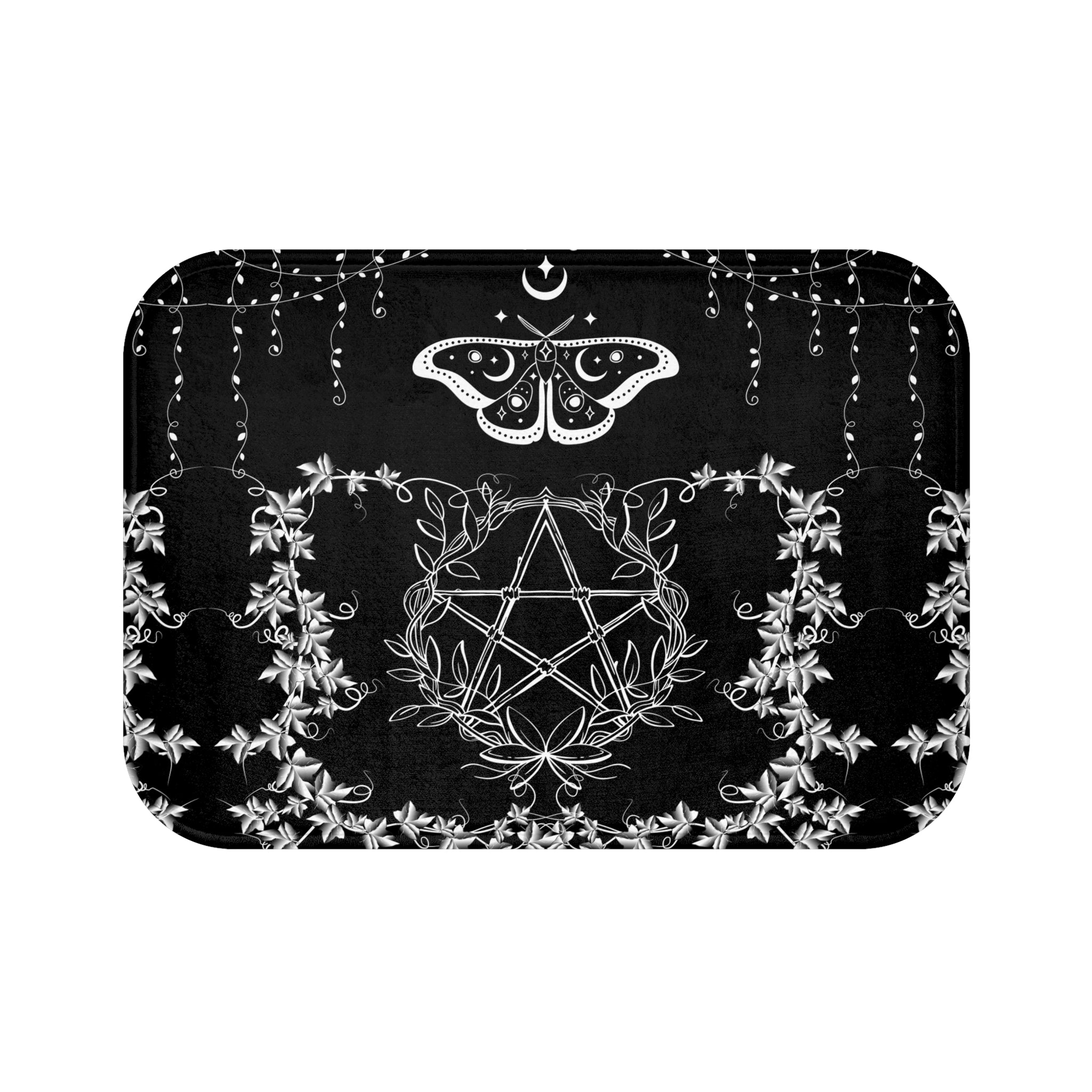 Gothic Pentagram Luna Moth Bath Mat — Witchy Floral Bathroom Decor