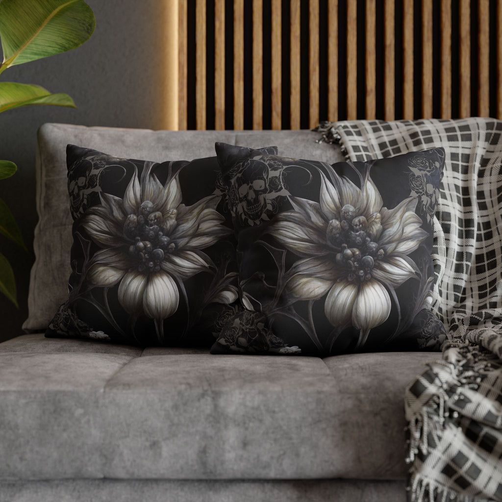 Gothic Skull Botanical Sunflower Throw Pillow — Dark Floral Home Decor